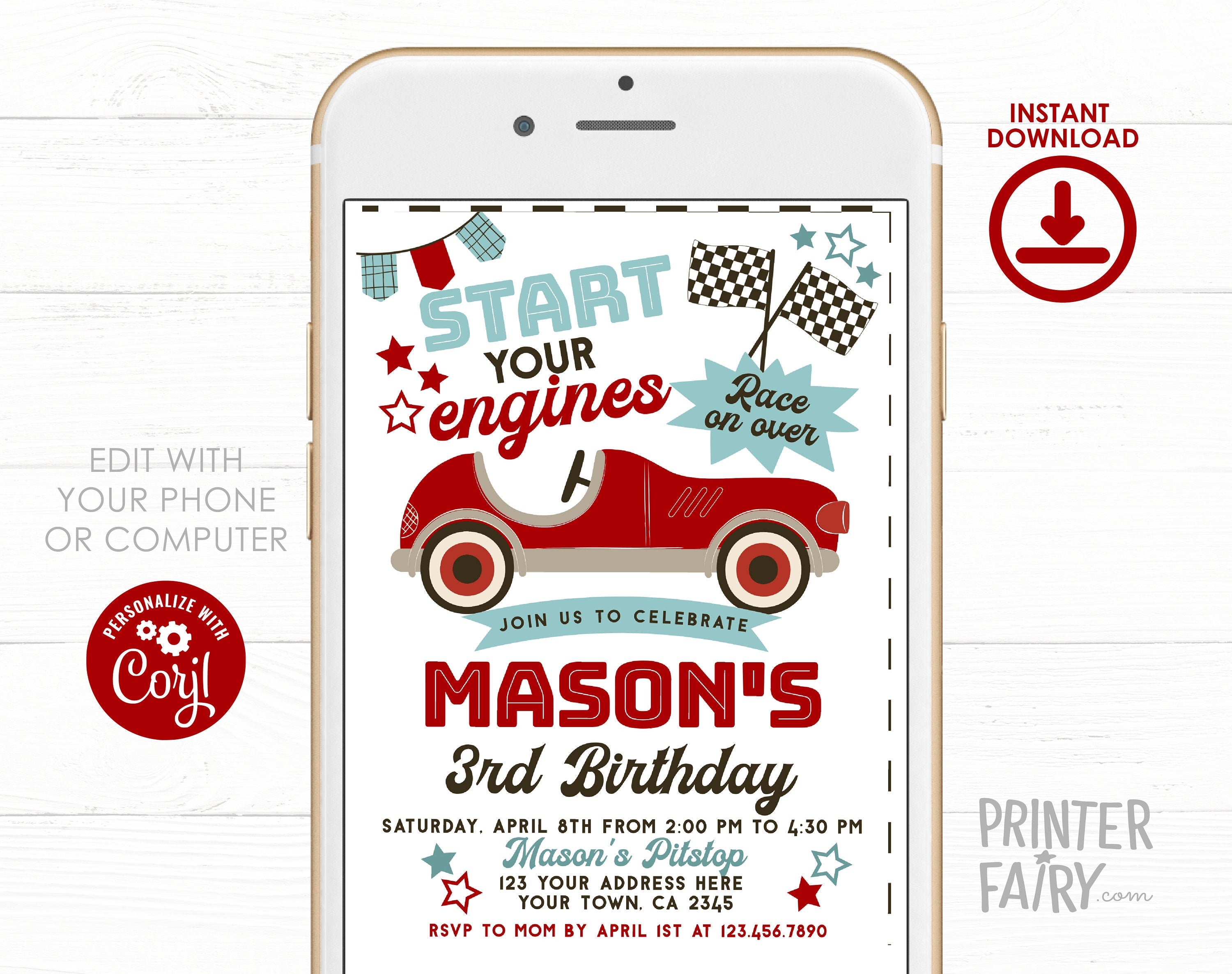 Race Car Birthday Invitation, Editable Racing Party (Digital)