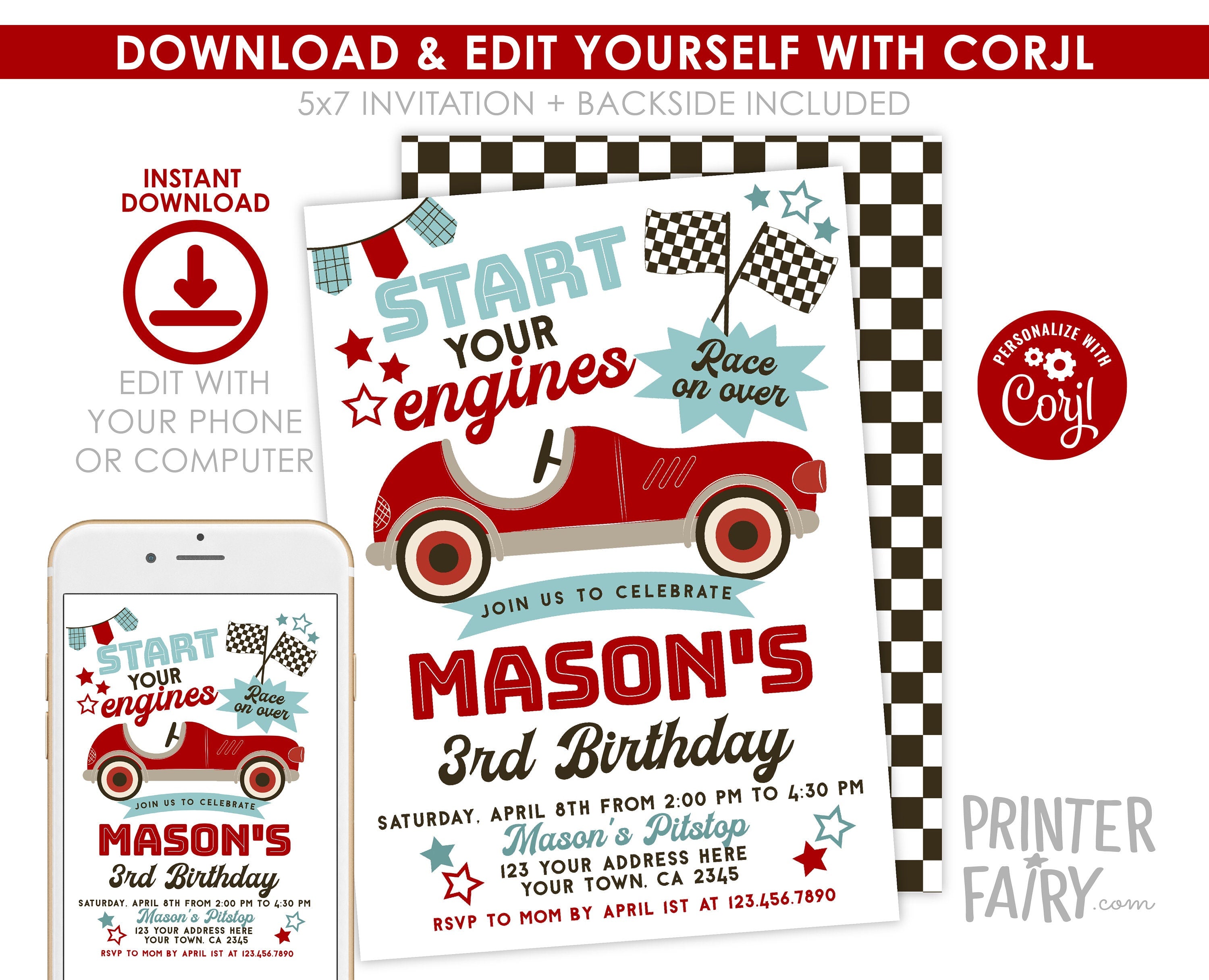 Race Car Birthday Invitation, Editable Racing Party (Digital)