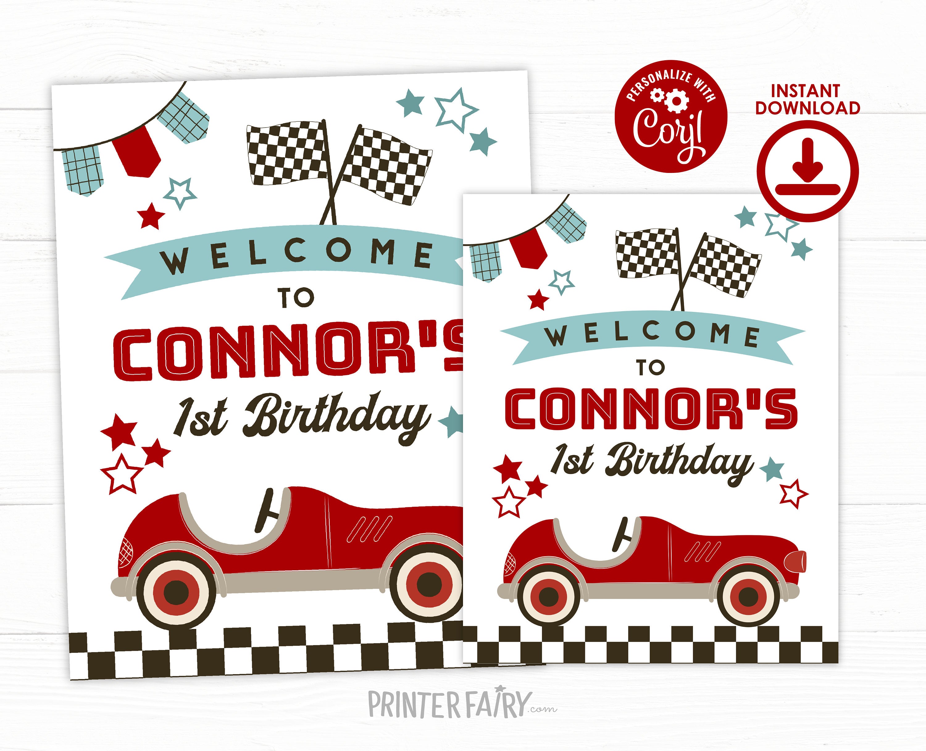 Editable Race Car Birthday Welcome Sign (Digital Download)