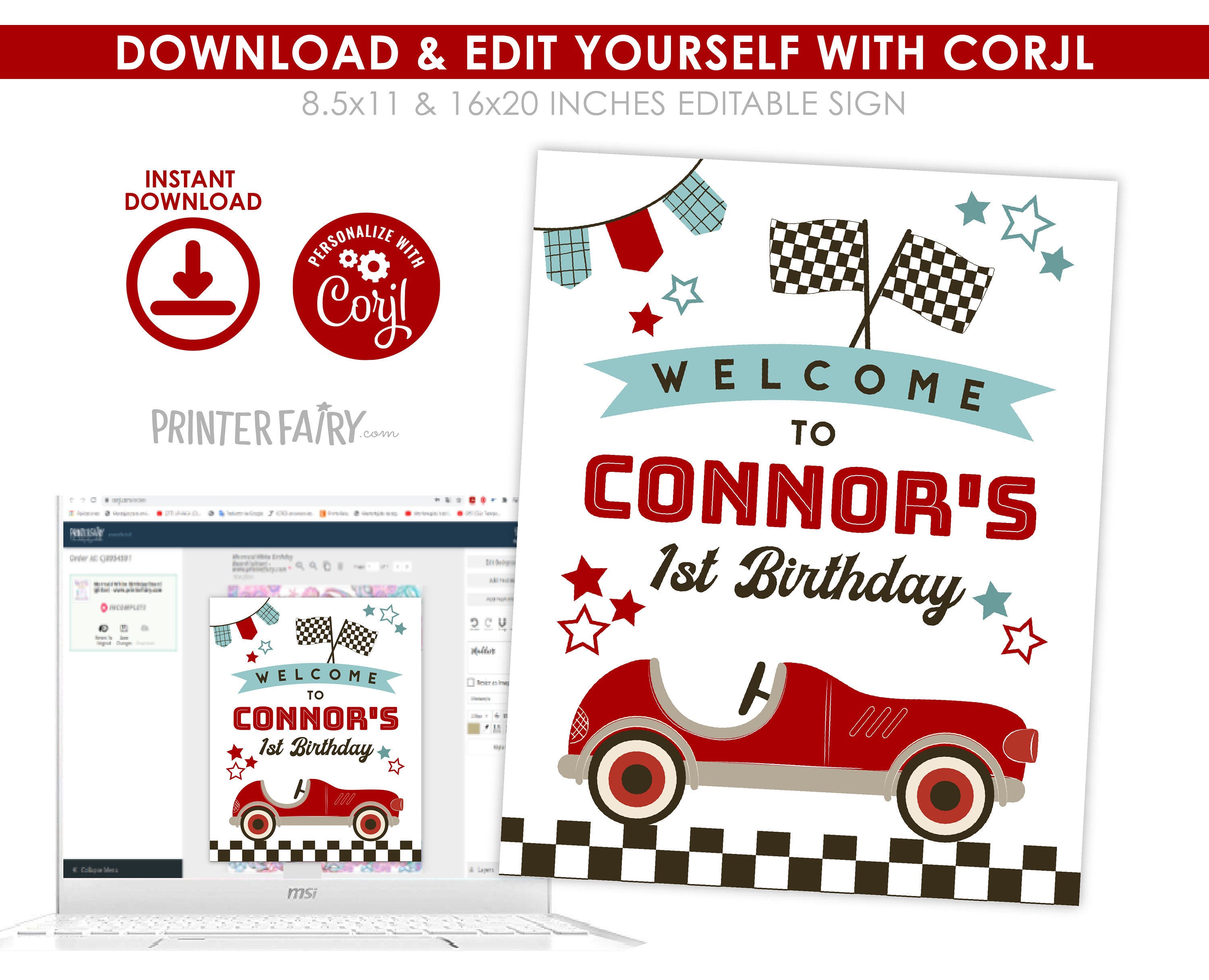 Editable Race Car Birthday Welcome Sign (Digital Download)