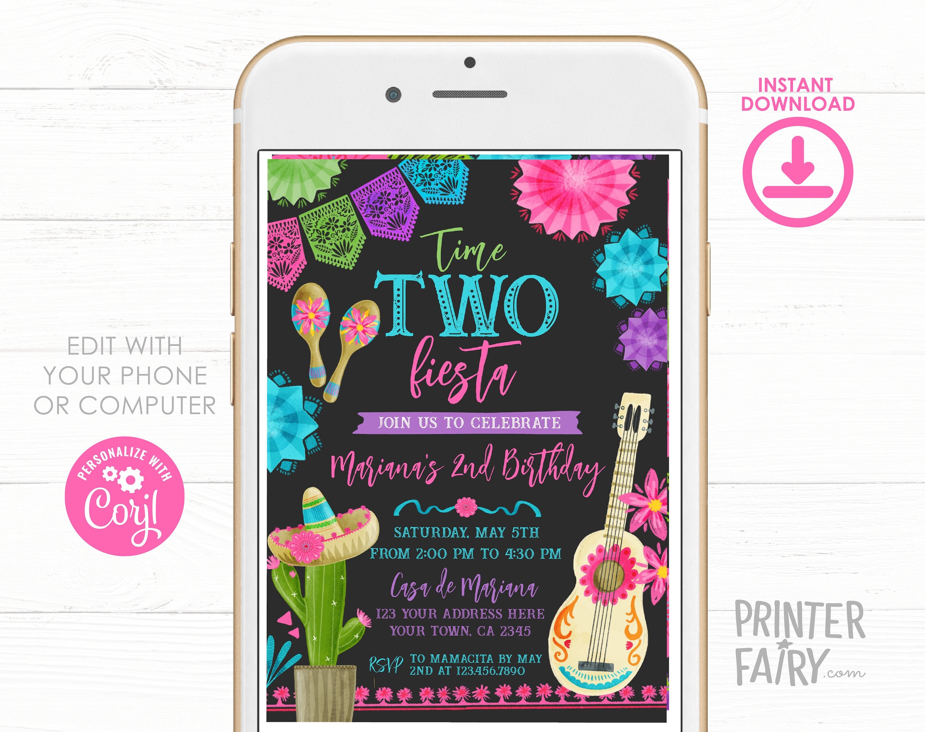 Fiesta Second Birthday Invitation, Editable Time Two Siesta (Digital)