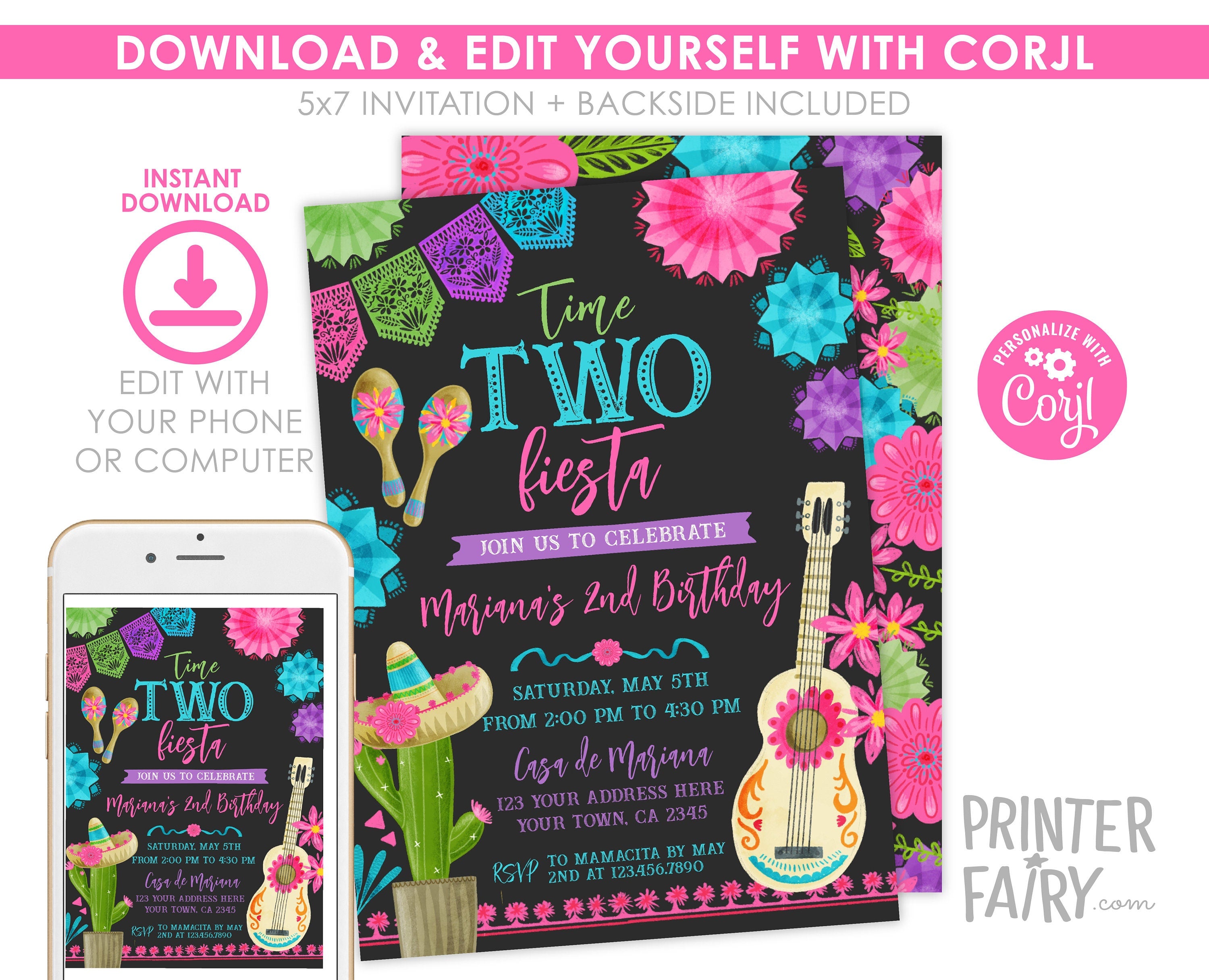 Fiesta Second Birthday Invitation, Editable Time Two Siesta (Digital)