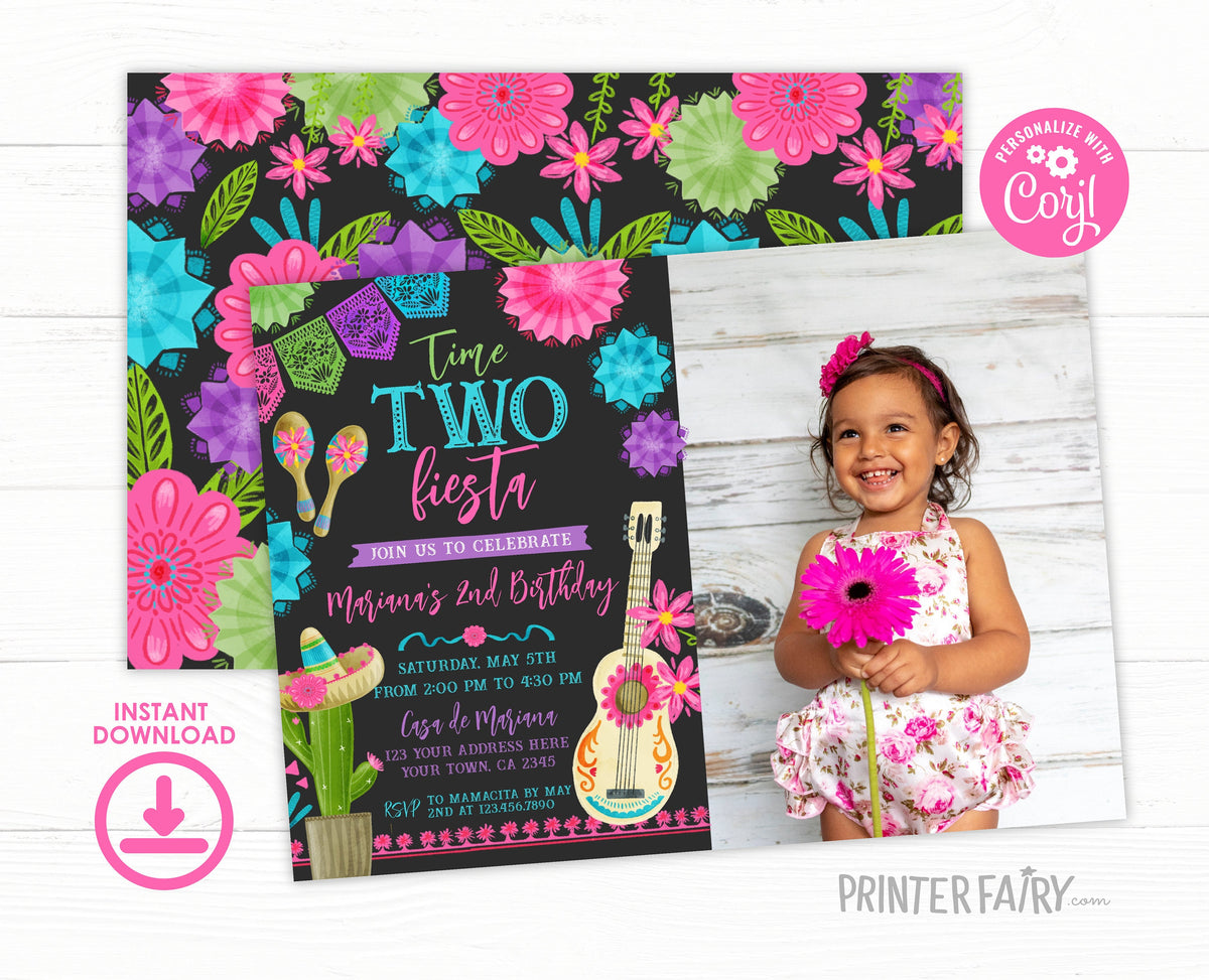 Fiesta Second Birthday Invitation with Photo, Editable Mexican Theme (Digital Download)