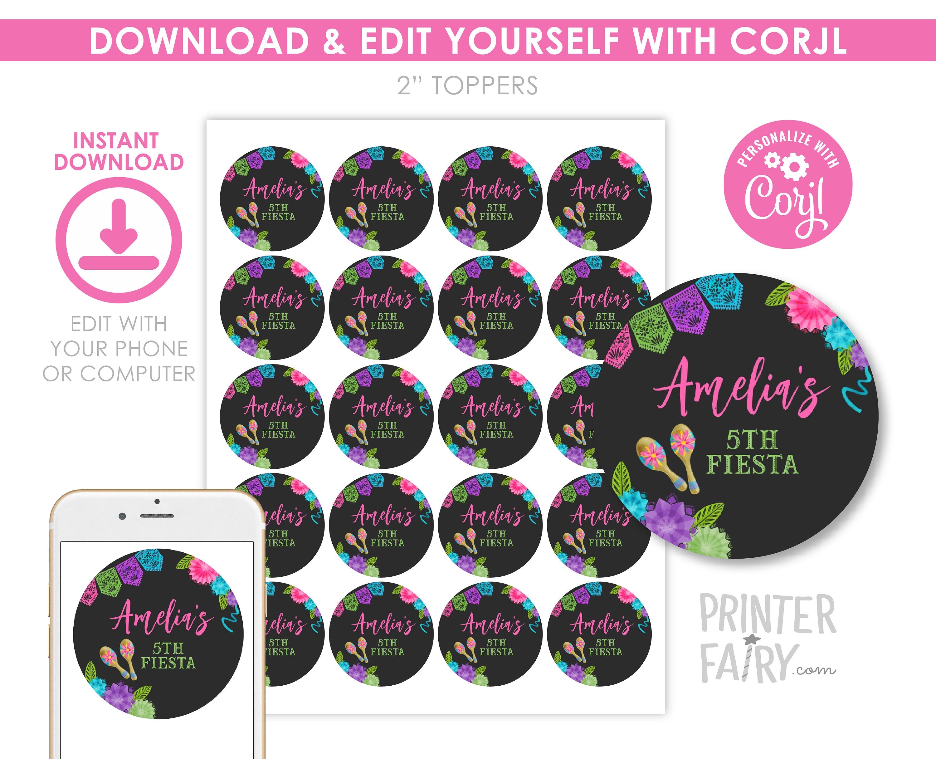 Editable Fiesta Birthday Party Toppers, Mexican Round Stickers (Digital Item)