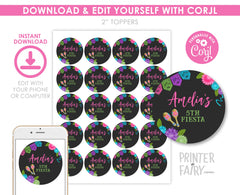 Editable Fiesta Birthday Party Toppers, Mexican Round Stickers (Digital Item)