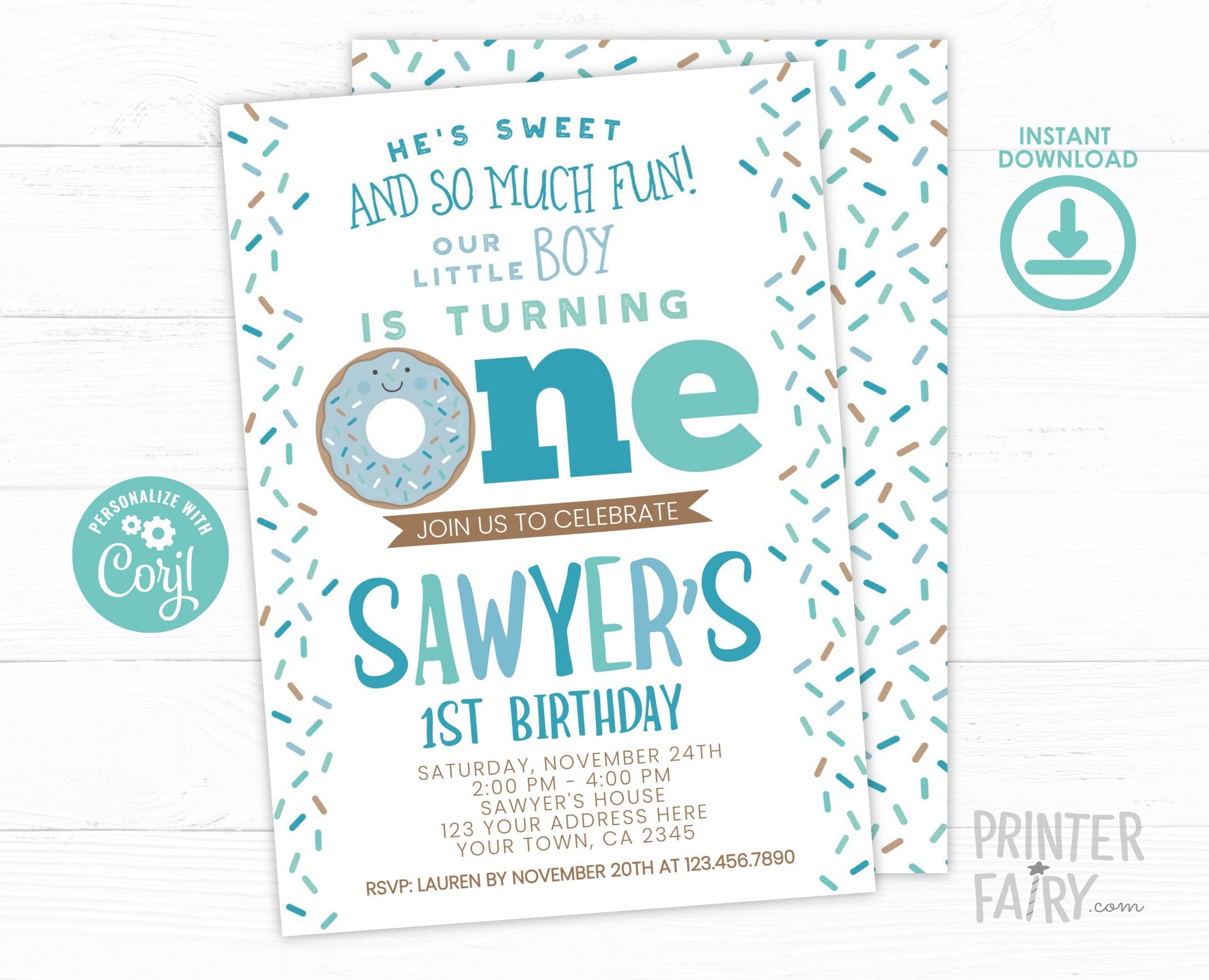 Donut Boy 1st Birthday Invitation, Editable Digital Invite