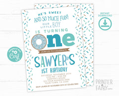 Donut Boy 1st Birthday Invitation, Editable Digital Invite