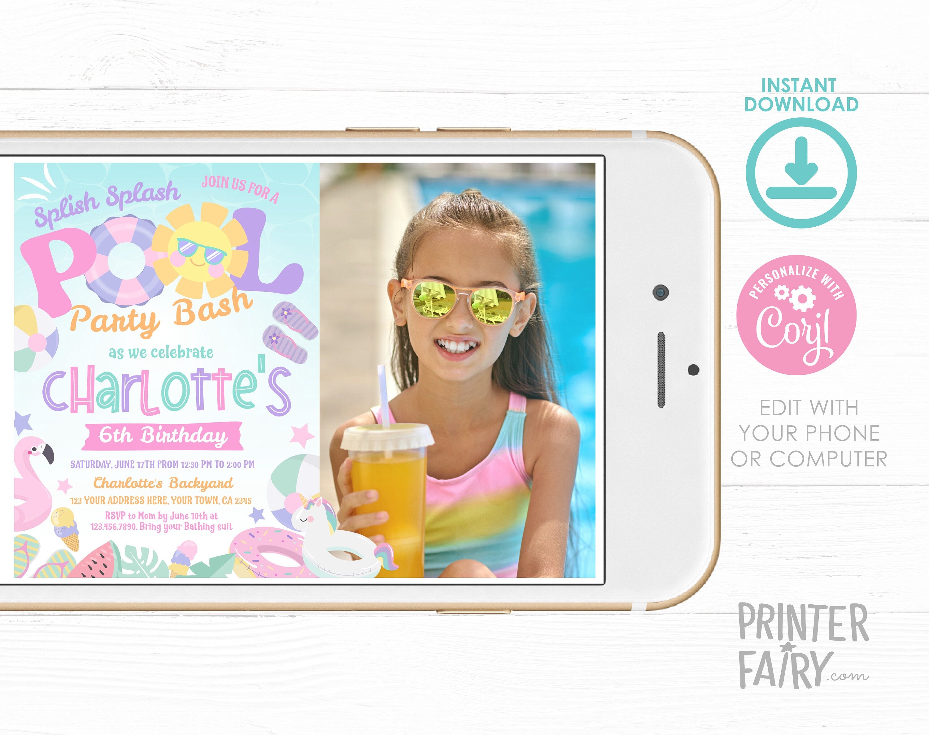 Pool Birthday Party Invitation with Photo Editable Template INSTANT DOWNLOAD