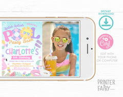 Pool Birthday Party Invitation with Photo Editable Template INSTANT DOWNLOAD
