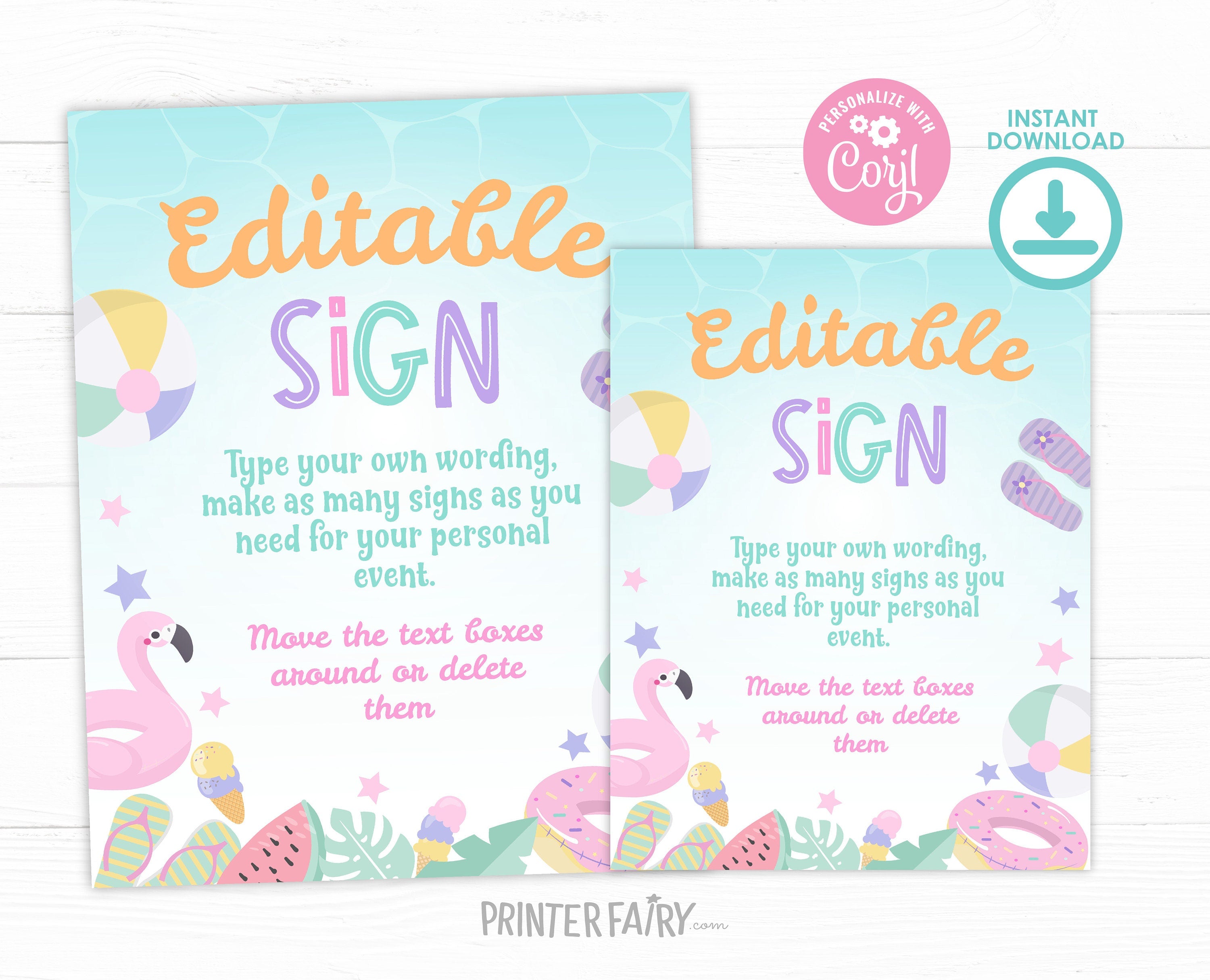 Pool Party Editable Sign, Flamingo Theme (Digital Download)