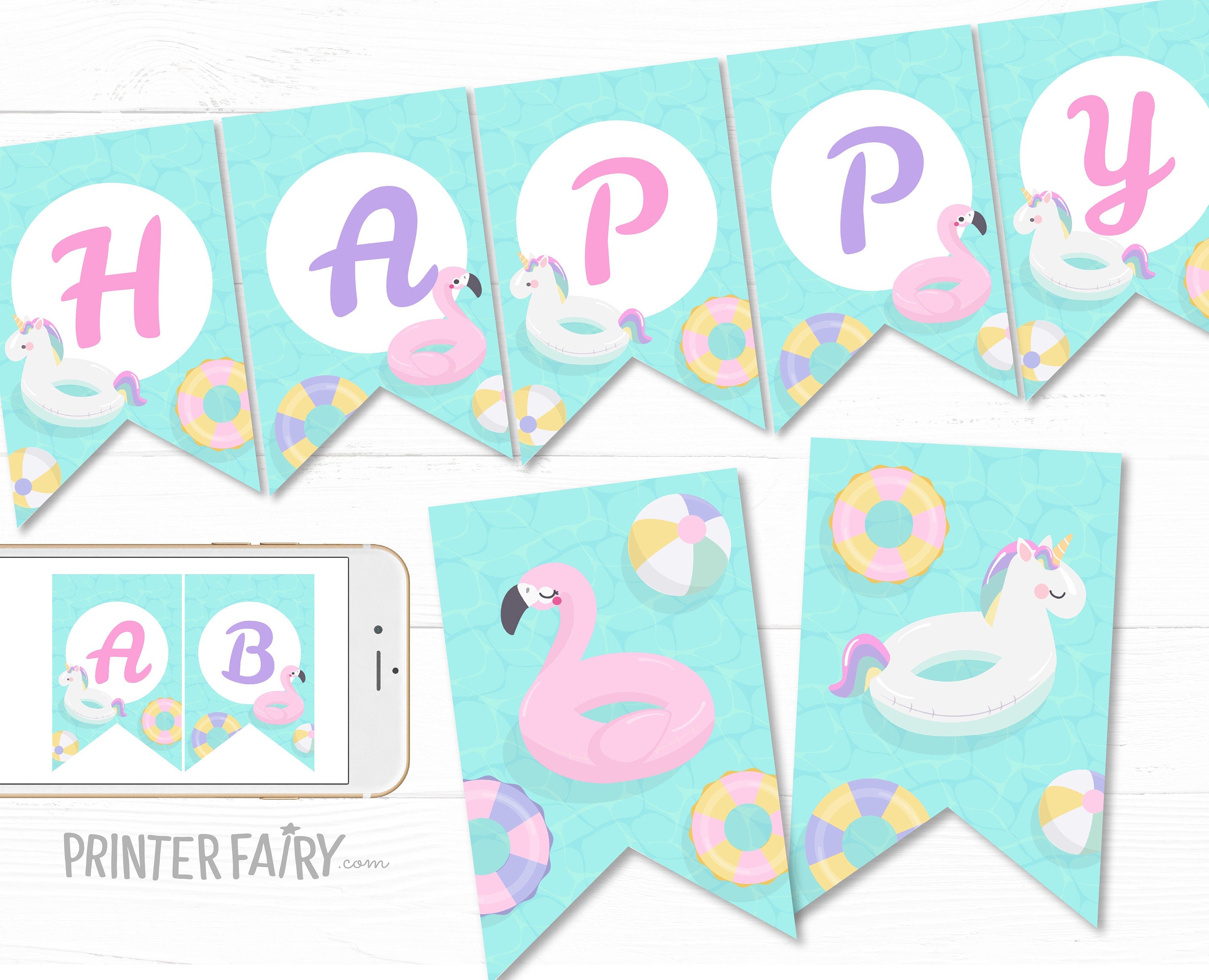 Pool Birthday Party Banner, Editable Flamingo Unicorn Theme (Digital Item)