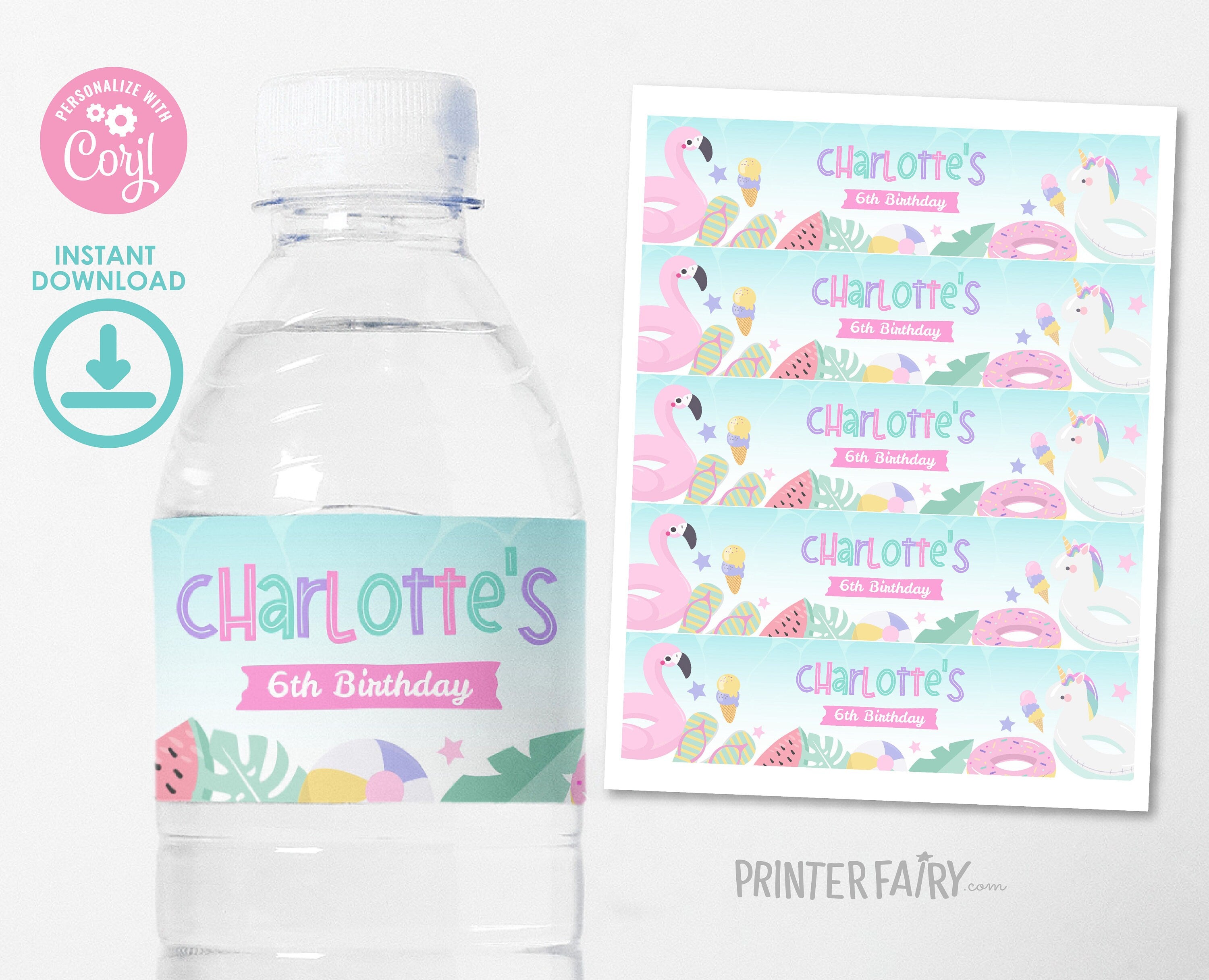 Pool Birthday Water Bottle Label, Editable Splish Splash Party Decor (Digital Download)