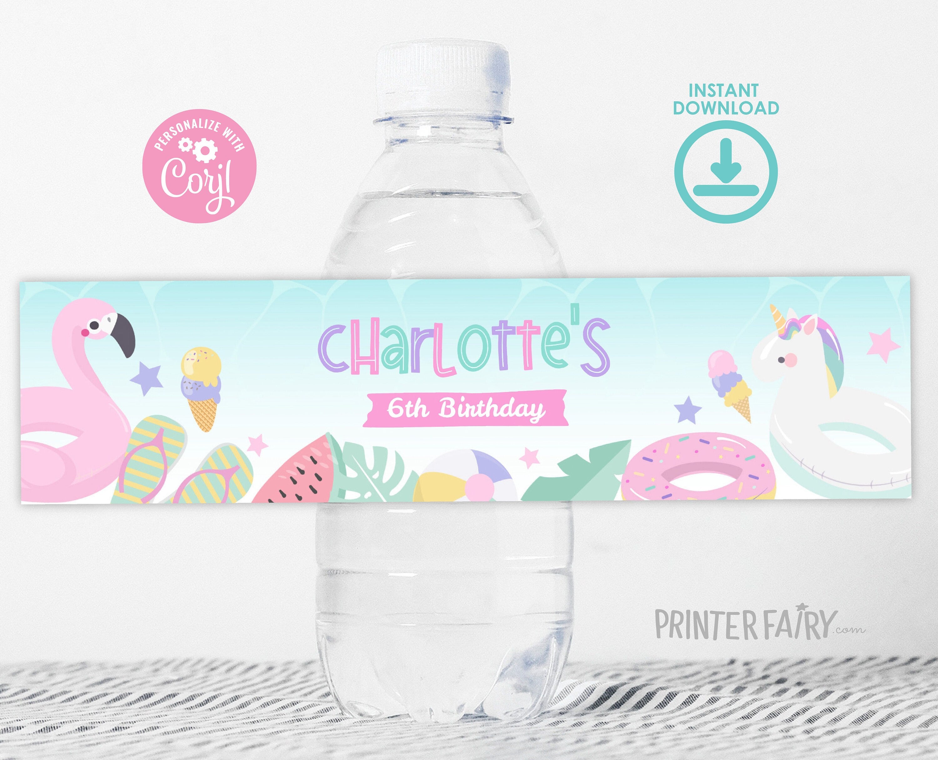 Pool Birthday Water Bottle Label, Editable Splish Splash Party Decor (Digital Download)