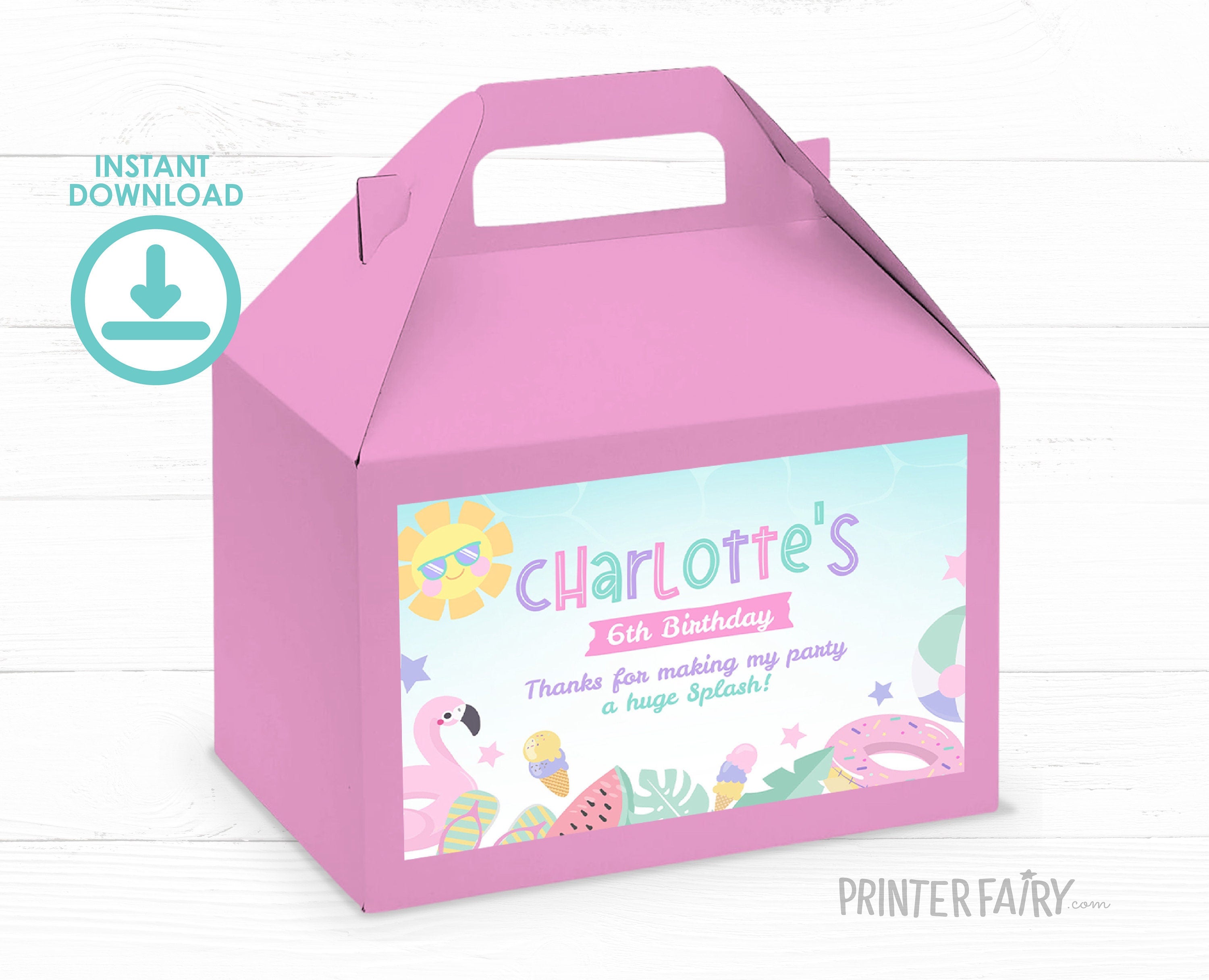 Pool Party Gable Box Label, Editable Birthday Template (Digital Download)