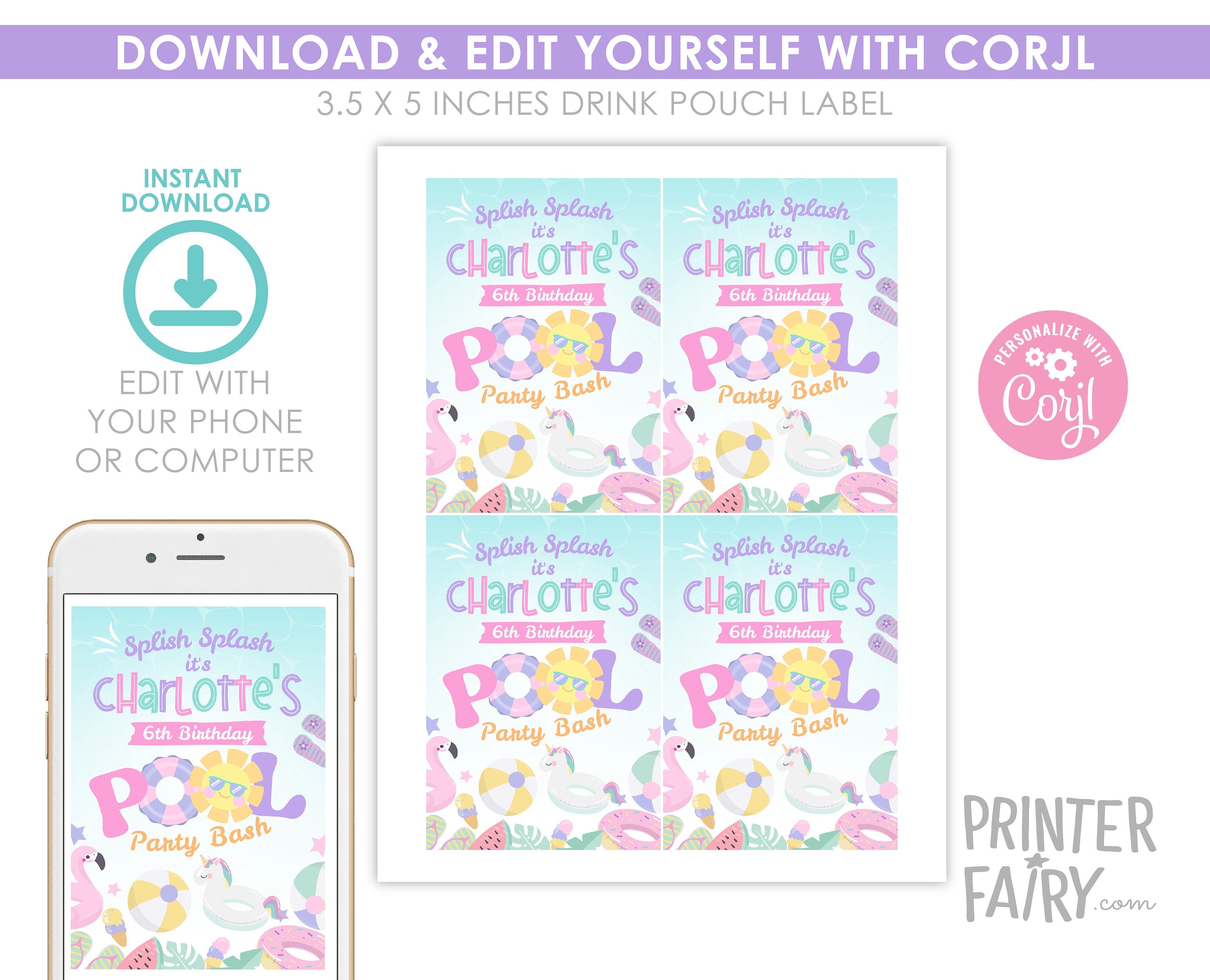 Editable Pool Party Drink Pouch Label, Summer Birthday Bash (Digital Download)