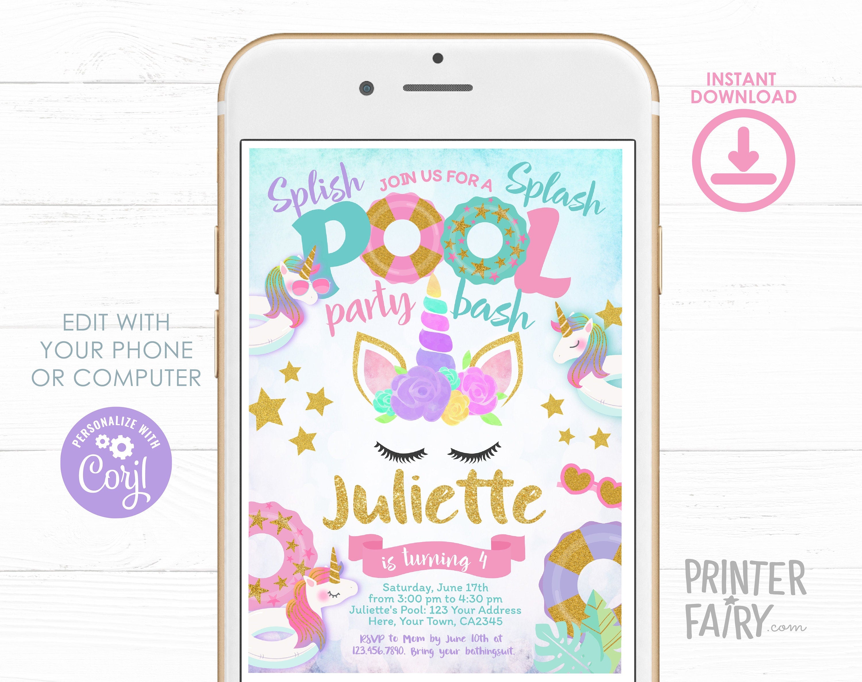 Unicorn Pool Party Invitation EDITABLE Template, INSTANT DOWNLOAD
