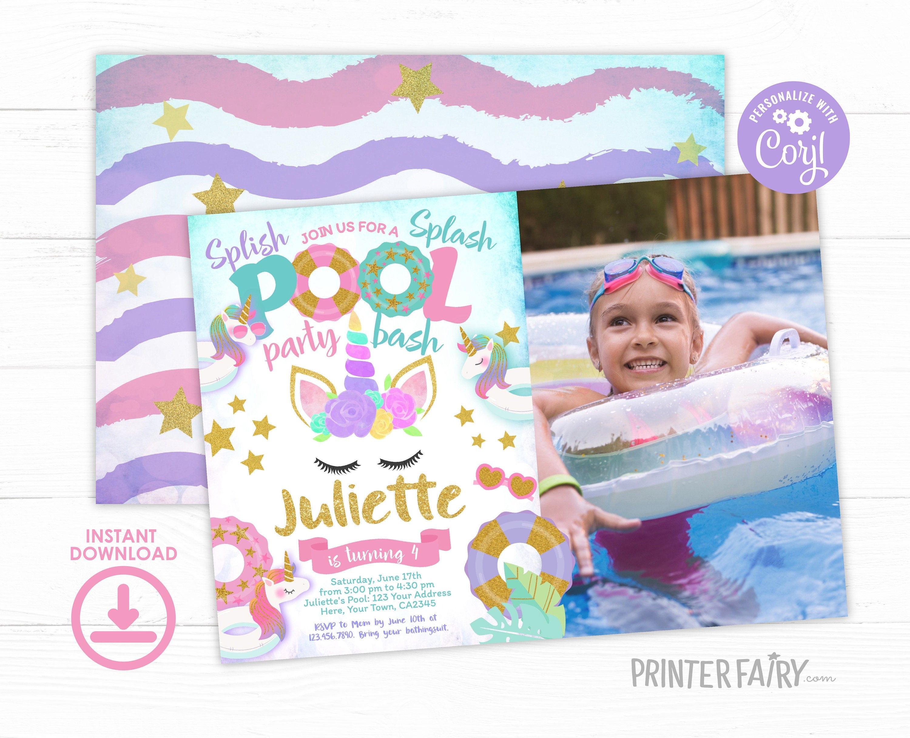 Unicorn Pool Birthday Party Invitation with Photo, Editable (Digital Item)