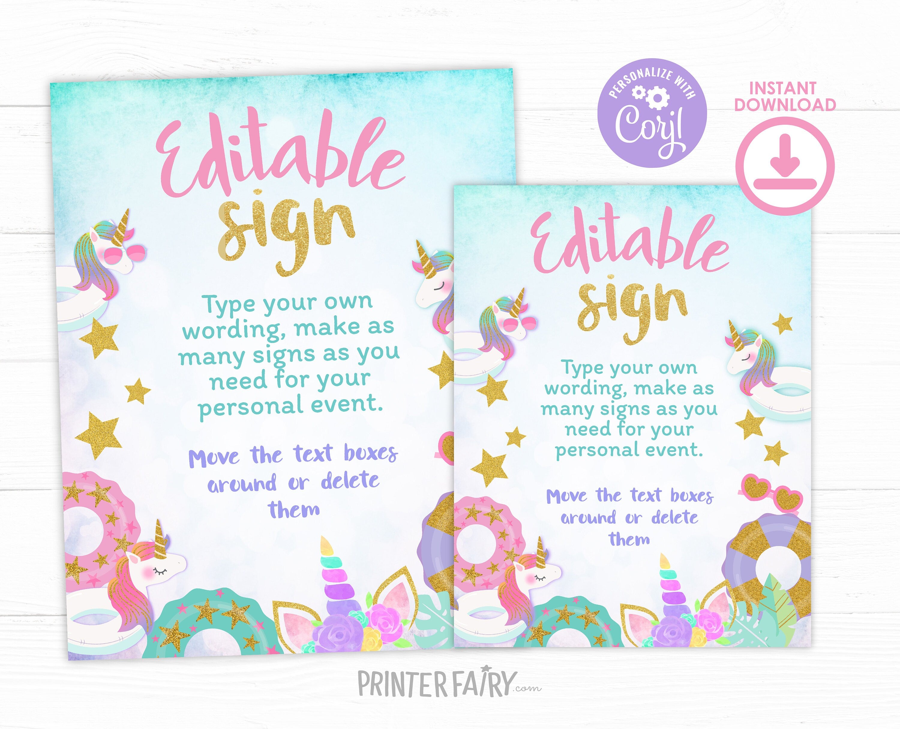 Unicorn Pool Party EDITABLE Sign Template, INSTANT Download