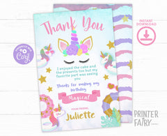 Unicorn Pool Birthday Party Thank You Card EDITABLE TEMPLATE, Instant Download