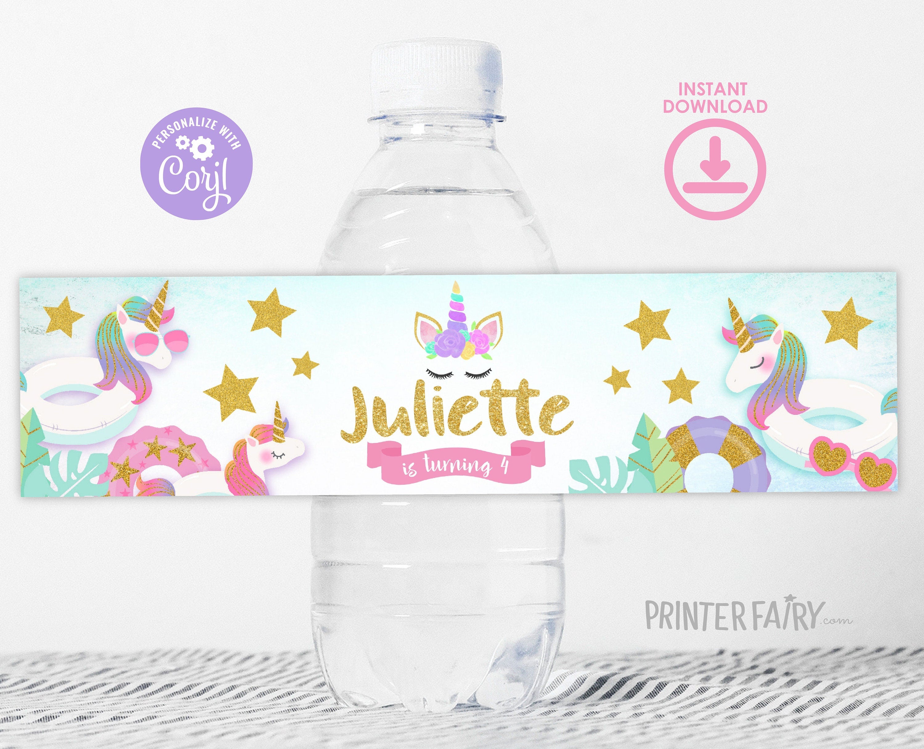 Unicorn Pool Birthday Party Water Bottle Label, EDITABLE TEMPLATE, Instant Download