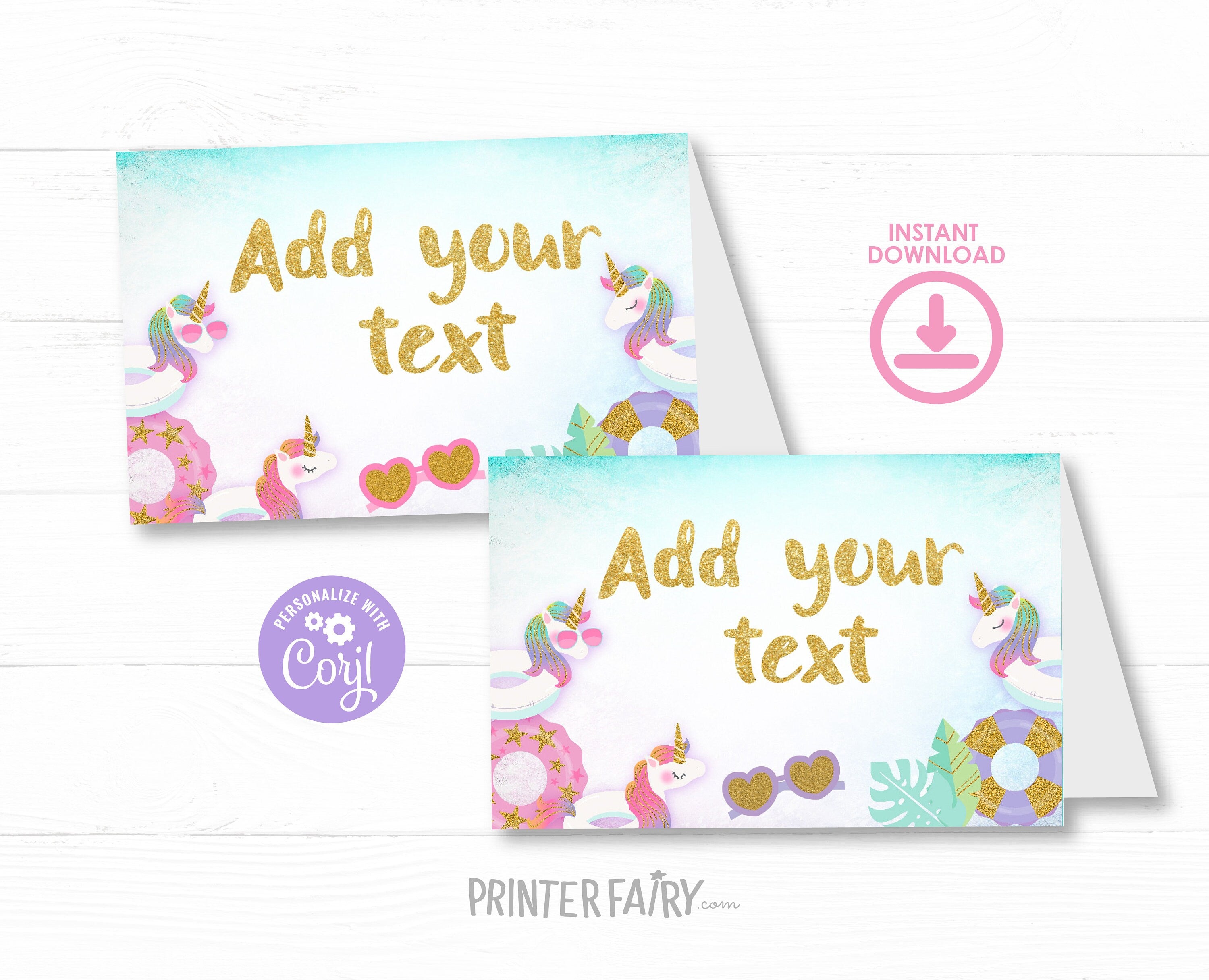 Unicorn Pool Party Food Tents, EDITABLE Template, Instant Download