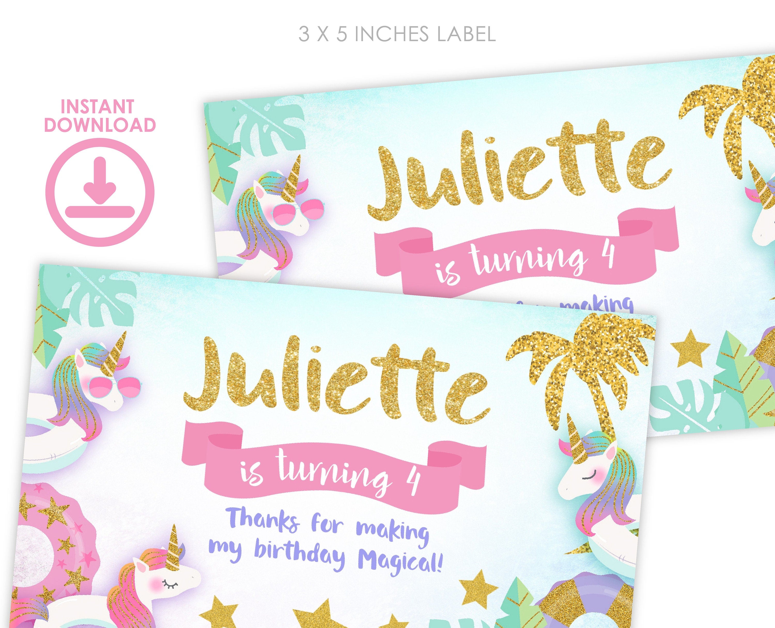 Unicorn Pool Party Gable Box Label, EDITABLE Template, INSTANT Download