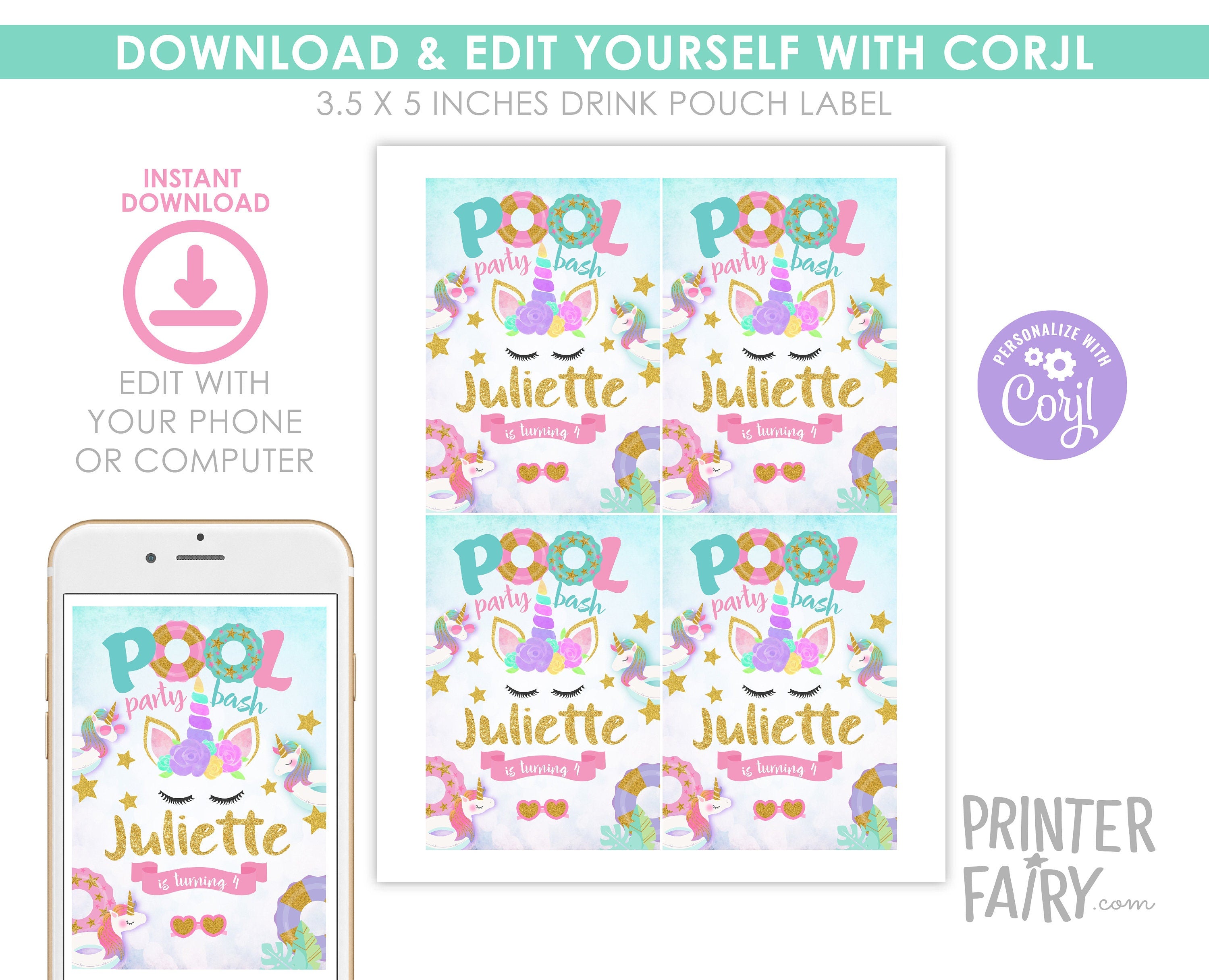 Unicorn Pool Party Drink Pouch Label, EDITABLE template, INSTANT DOWNLOAD