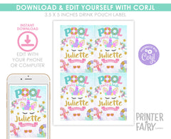 Unicorn Pool Party Drink Pouch Label, EDITABLE template, INSTANT DOWNLOAD