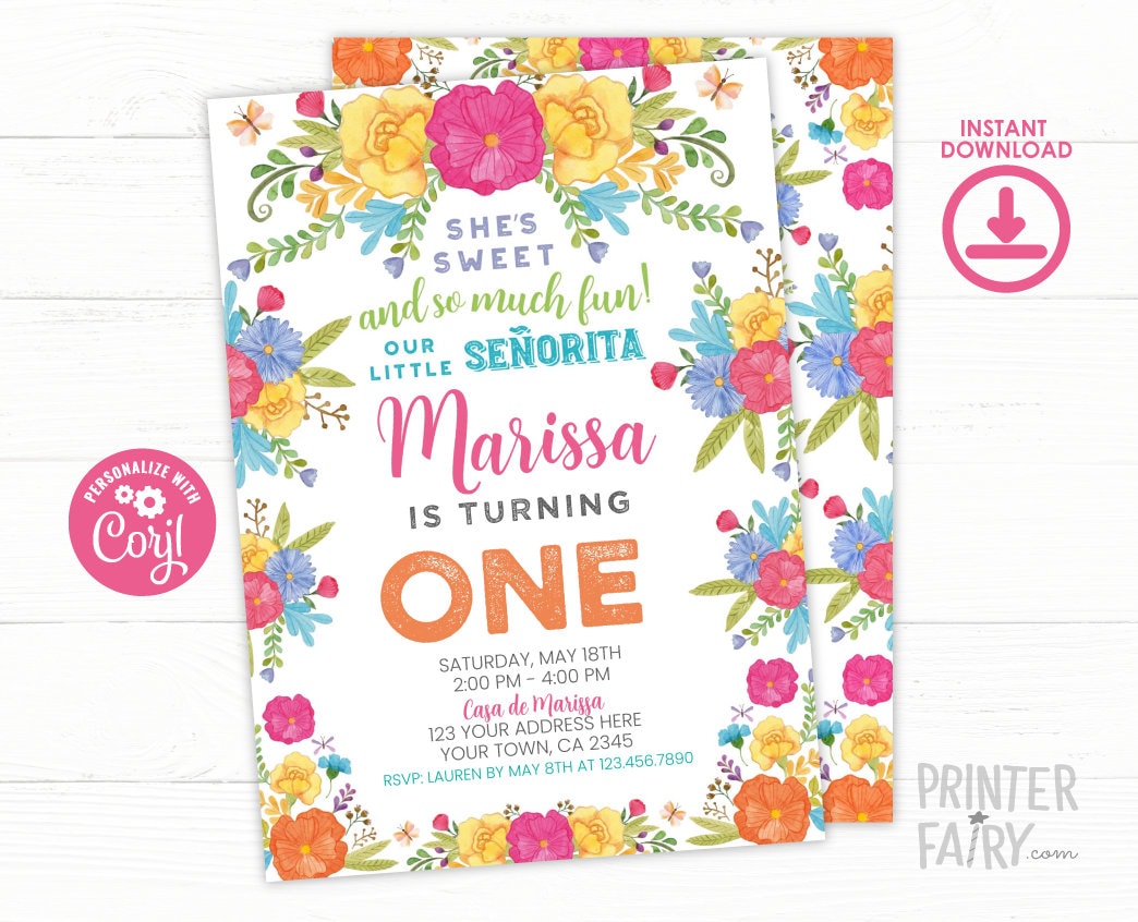 Fiesta 1st Birthday Invitation EDITABLE Template, Cinco de Mayo Invite, INSTANT DOWNLOAD