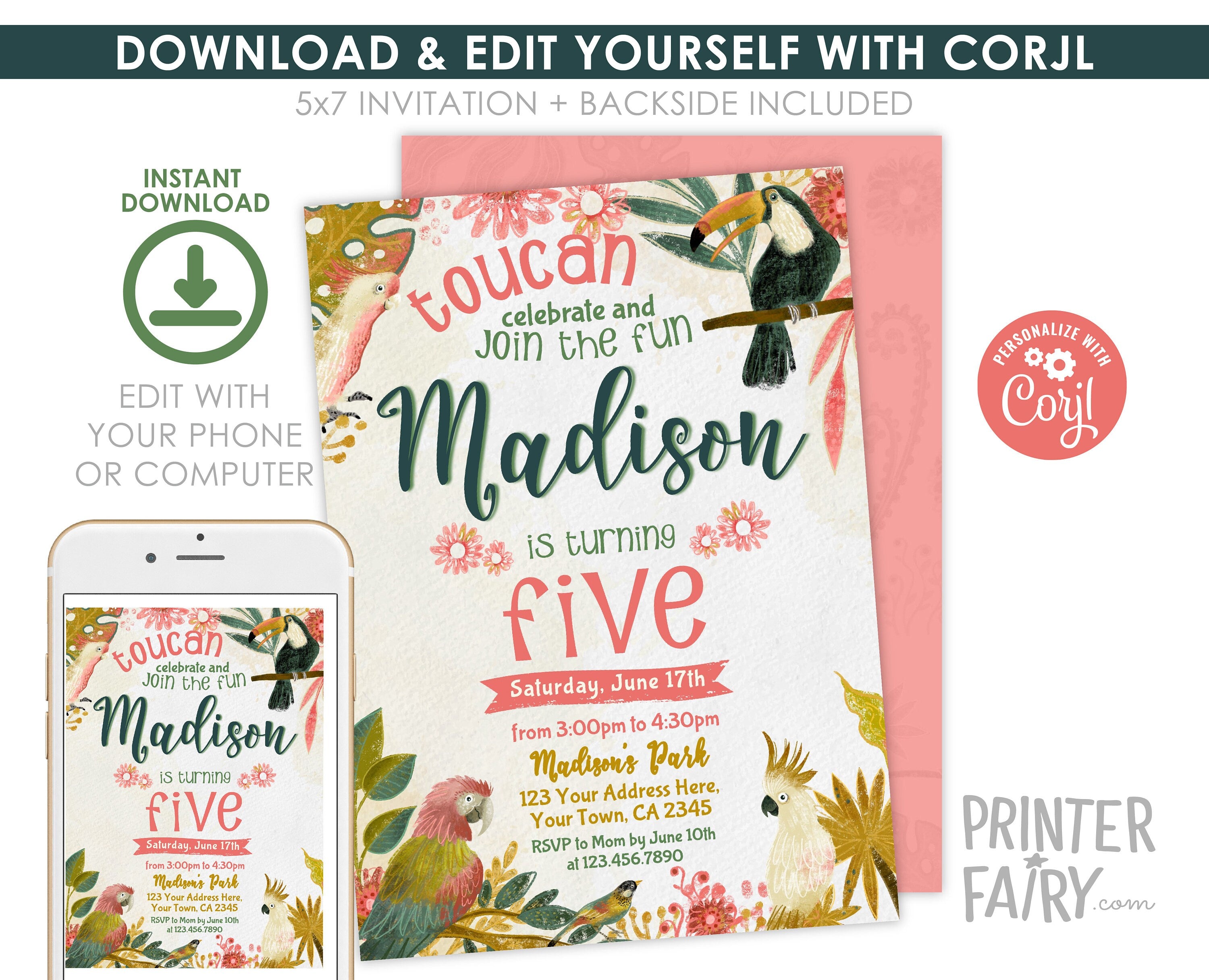Tropical Birds Birthday Invitation, Luau Party (EDITABLE, Instant Download)