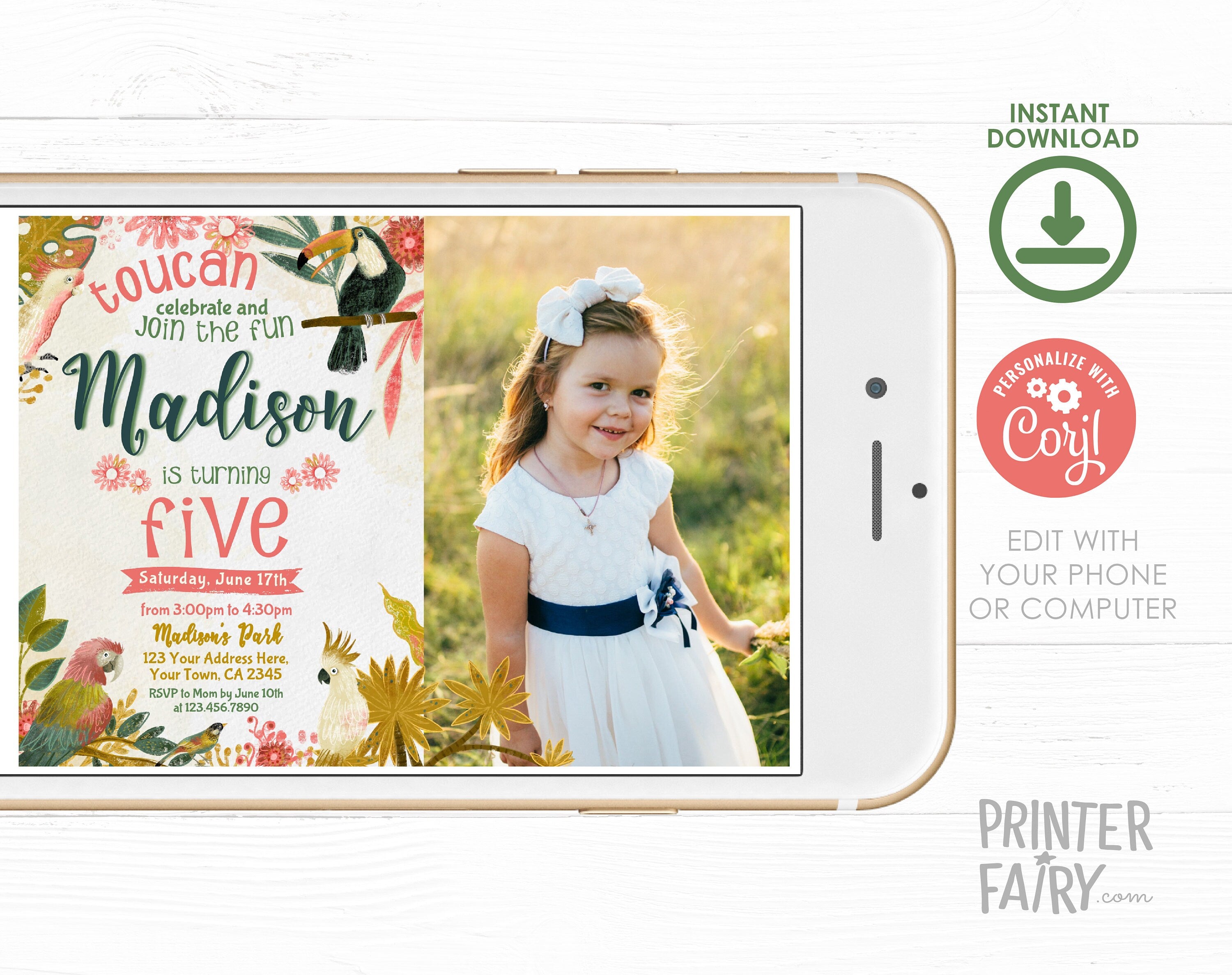 Tropical Birds Birthday Invitation with Photo, Editable Luau Invite (Instant Download)
