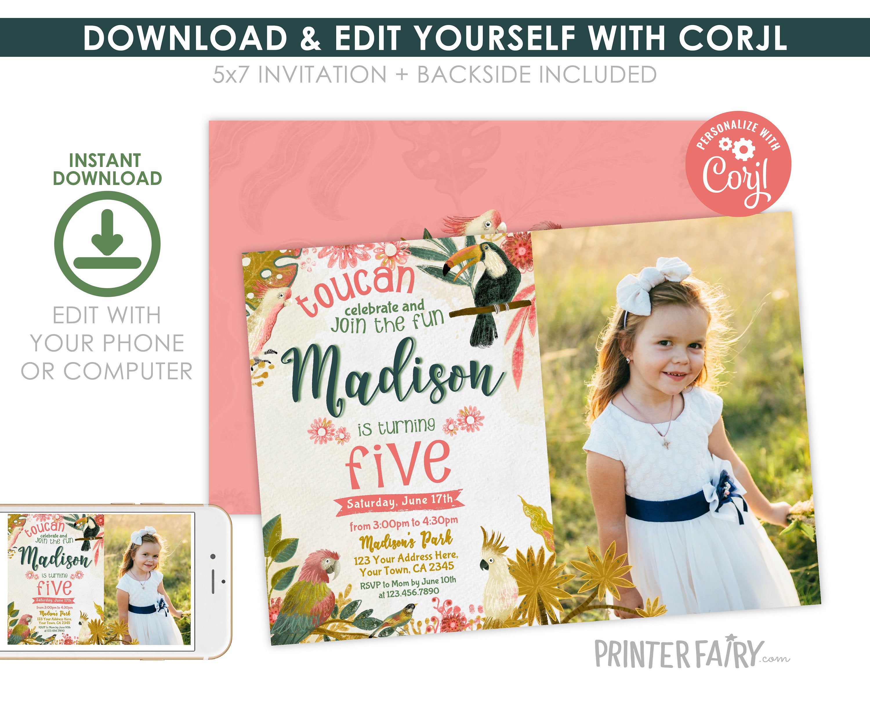 Tropical Birds Birthday Invitation with Photo, Editable Luau Invite (Instant Download)