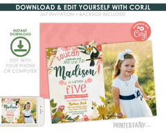 Tropical Birds Birthday Invitation with Photo, Editable Luau Invite (Instant Download)
