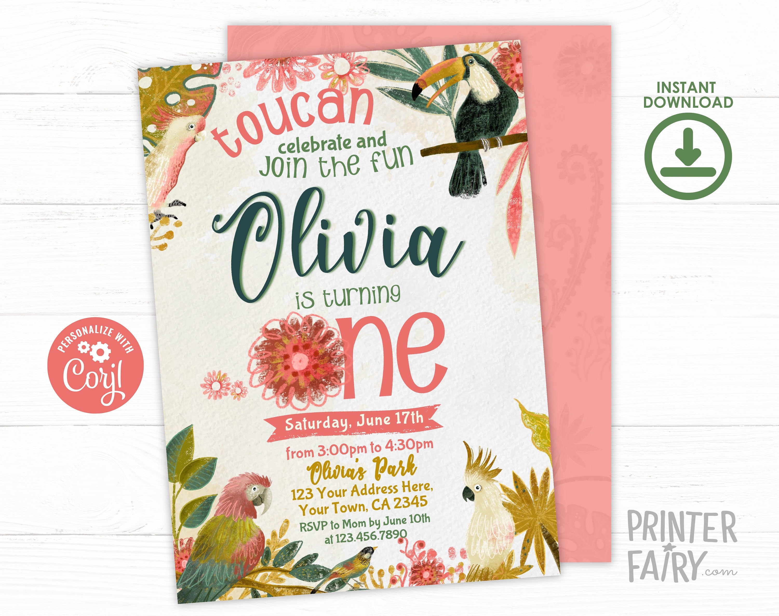 Tropical Birds Birthday Invitation, First Birthday Luau, Editable (Digital Download)
