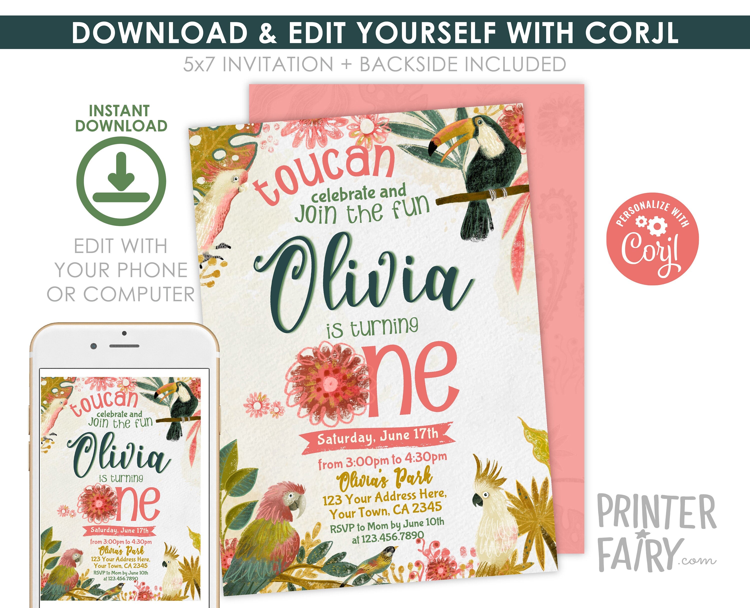 Tropical Birds Birthday Invitation, First Birthday Luau, Editable (Digital Download)