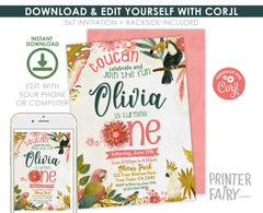 Tropical Birds Birthday Invitation, First Birthday Luau, Editable (Digital Download)