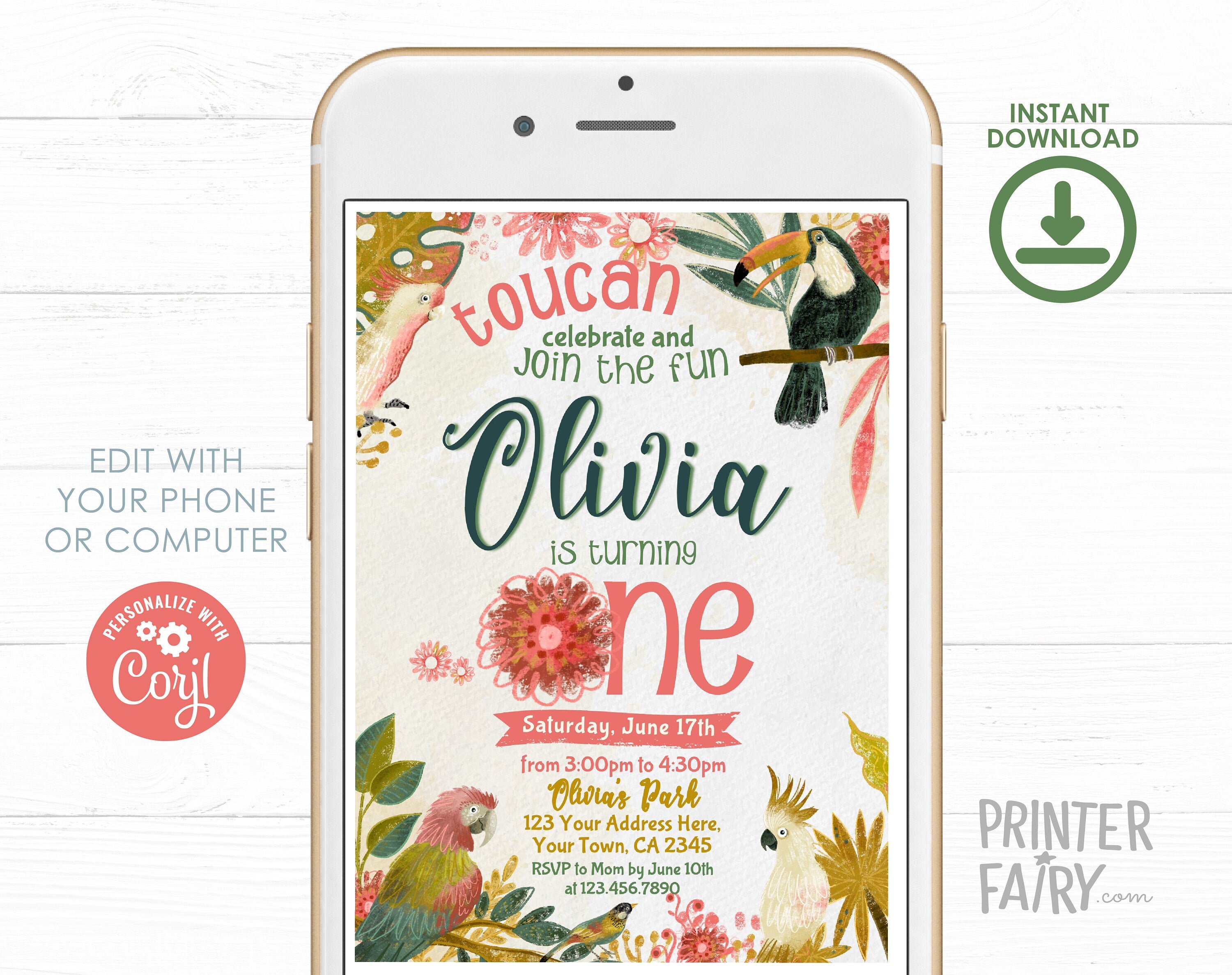 Tropical Birds Birthday Invitation, First Birthday Luau, Editable (Digital Download)