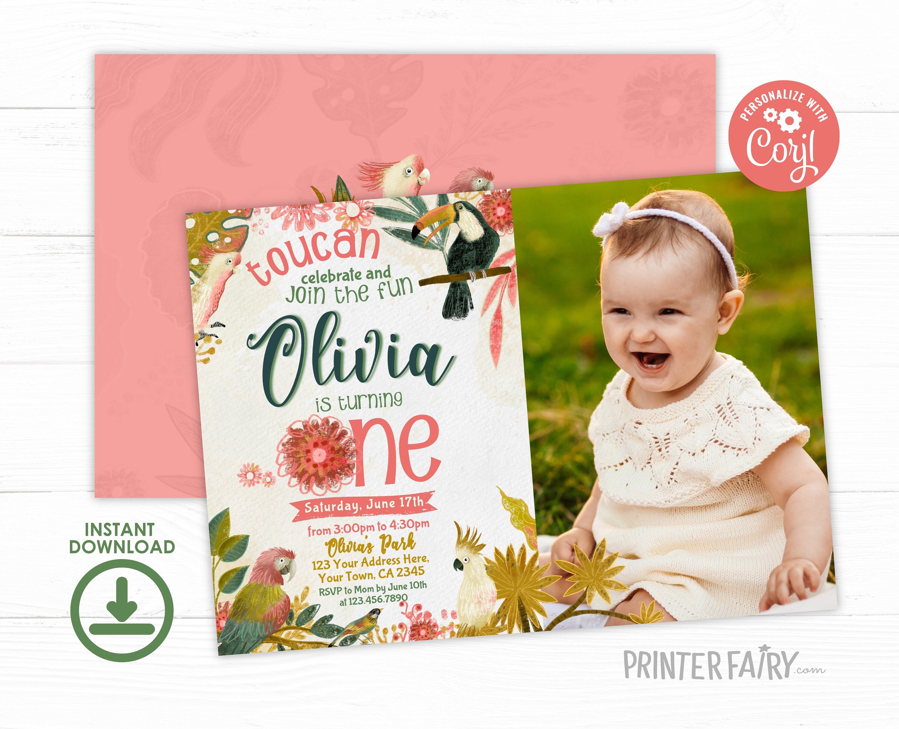Tropical Toucan First Birthday Invitation, Photo, EDITABLE (Digital Item)