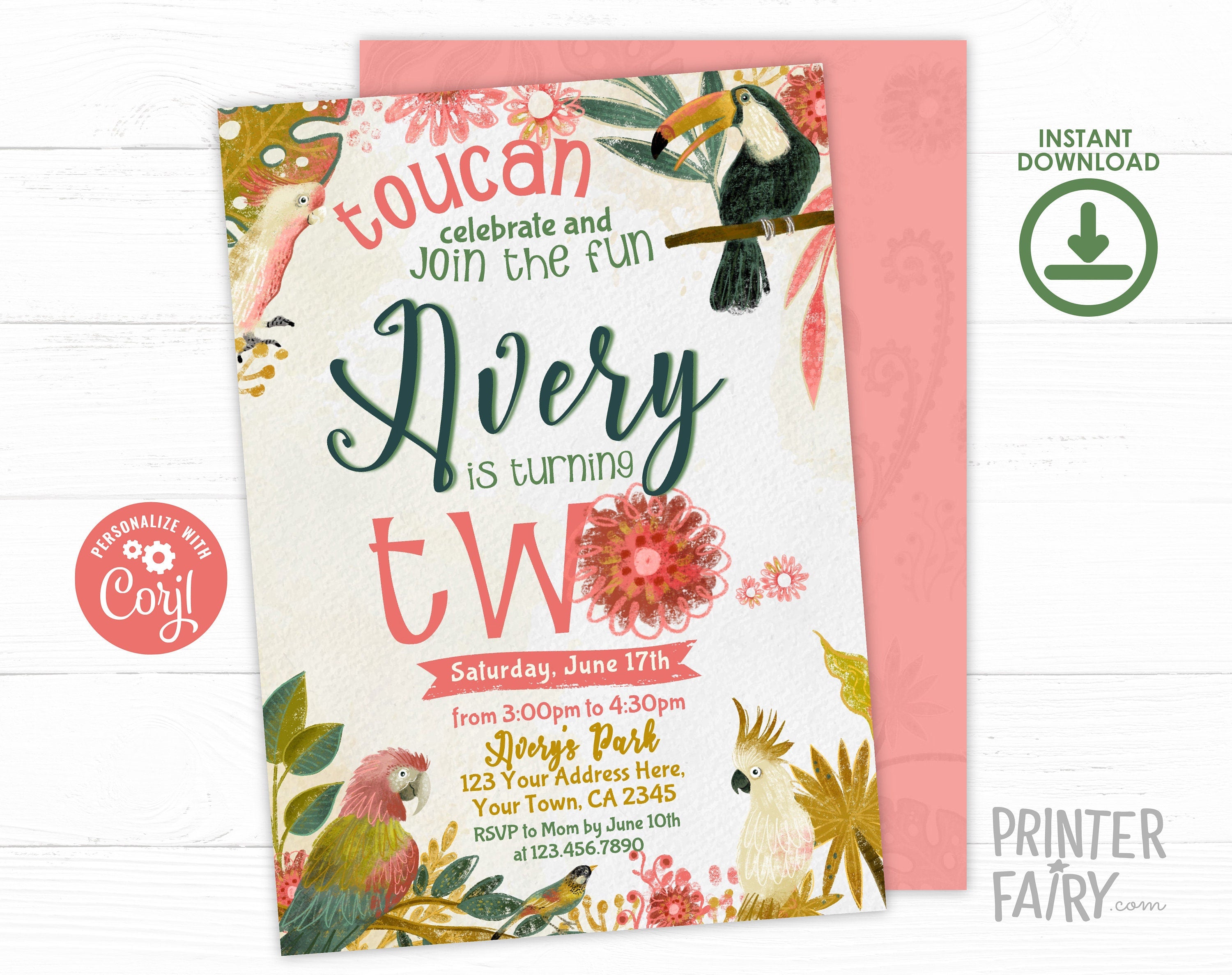 Tropical Birds Birthday Invitation, Luau Party, EDITABLE (Digital)