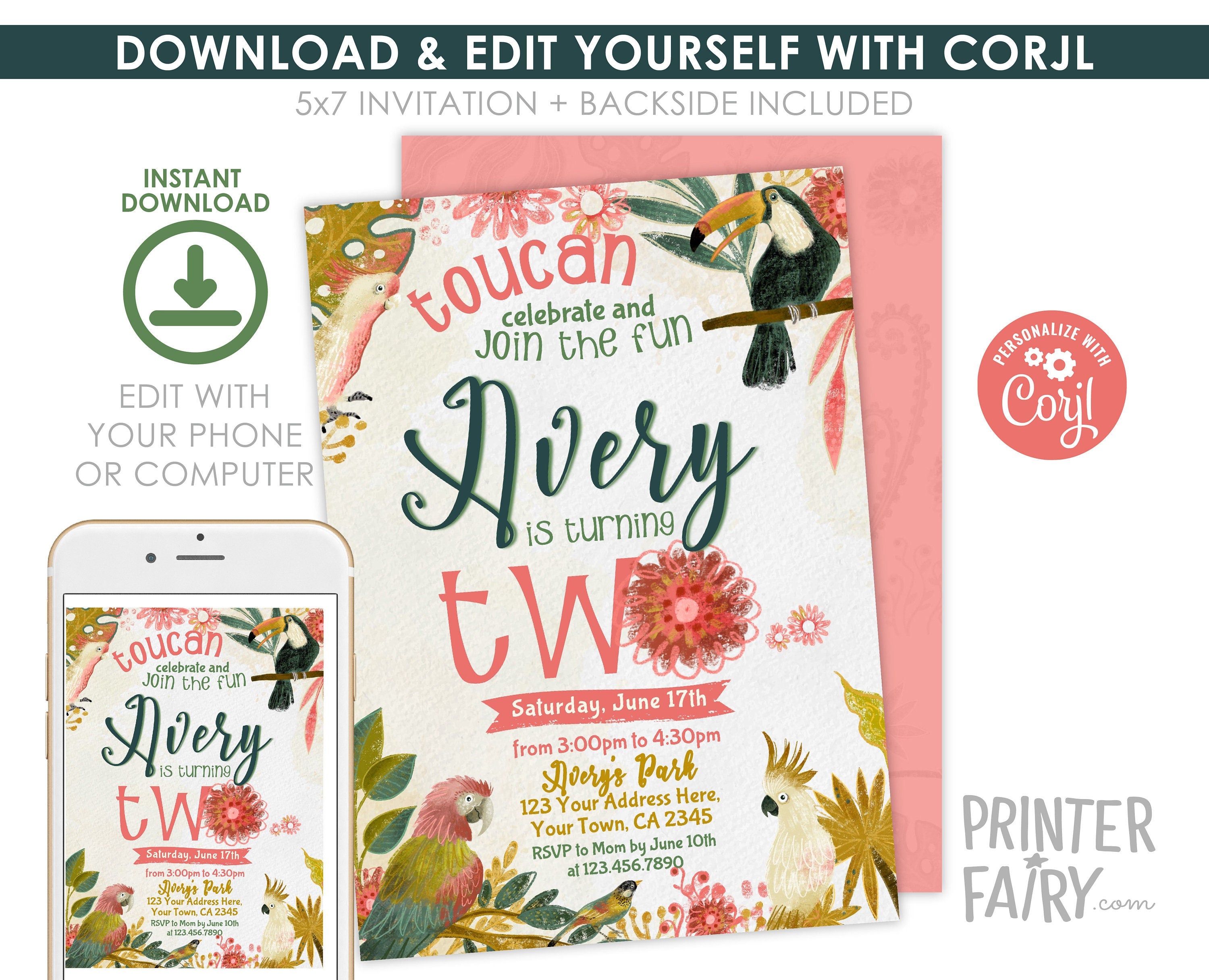 Tropical Birds Birthday Invitation, Luau Party, EDITABLE (Digital)