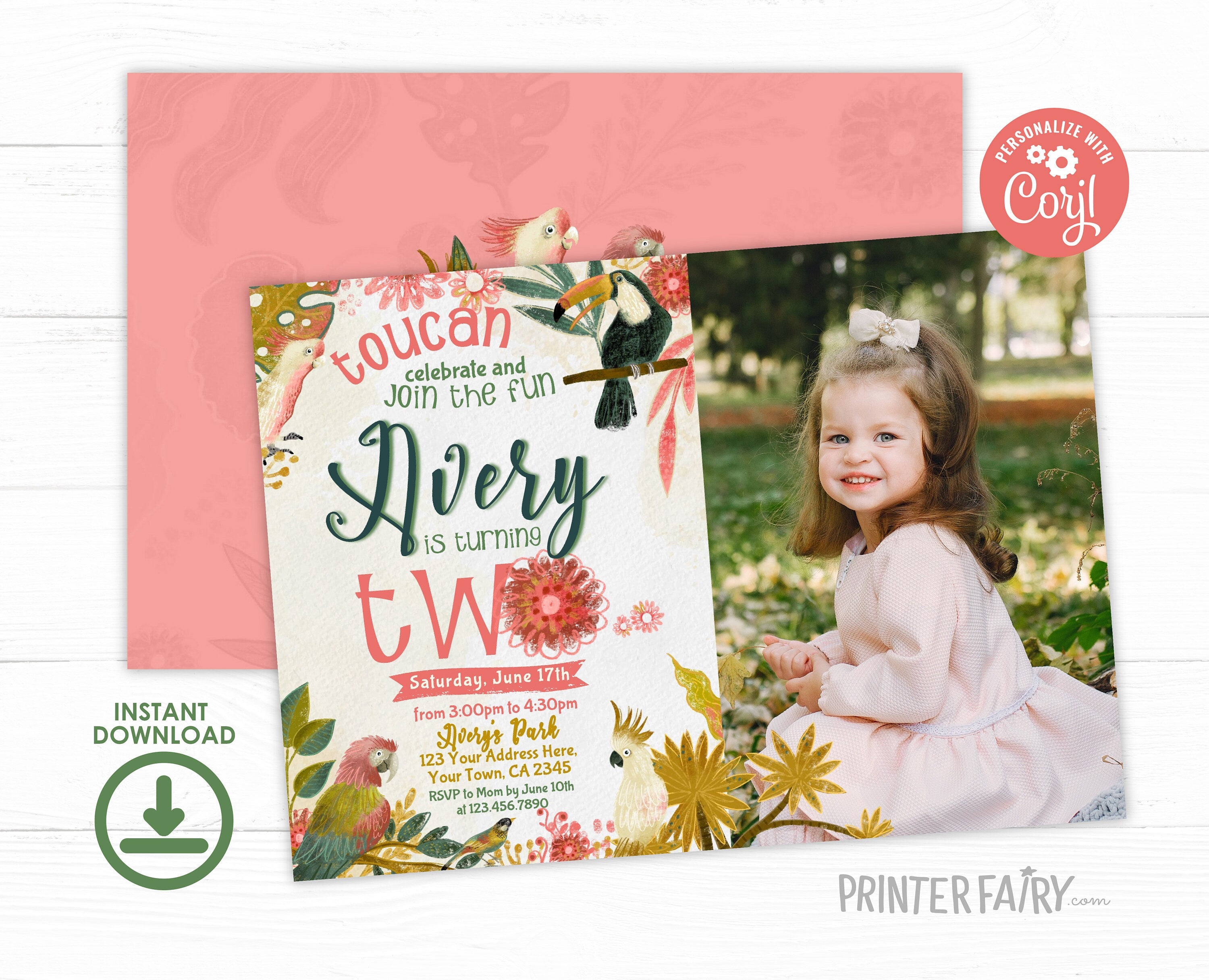 Tropical Birds Birthday Invitation, Luau Party, Photo, Editable (Digital Download)