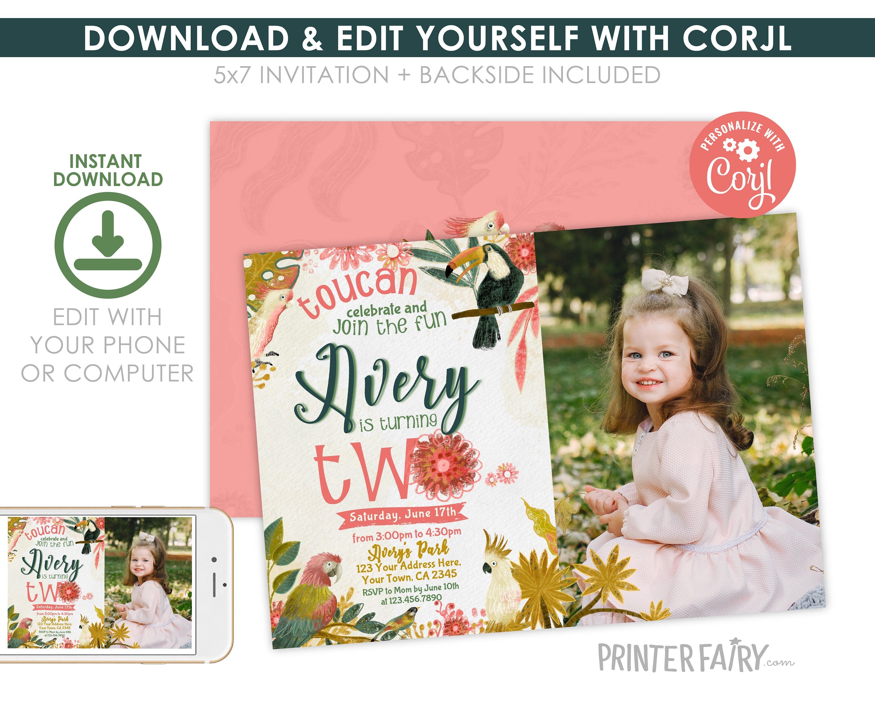 Tropical Birds Birthday Invitation, Luau Party, Photo, Editable (Digital Download)