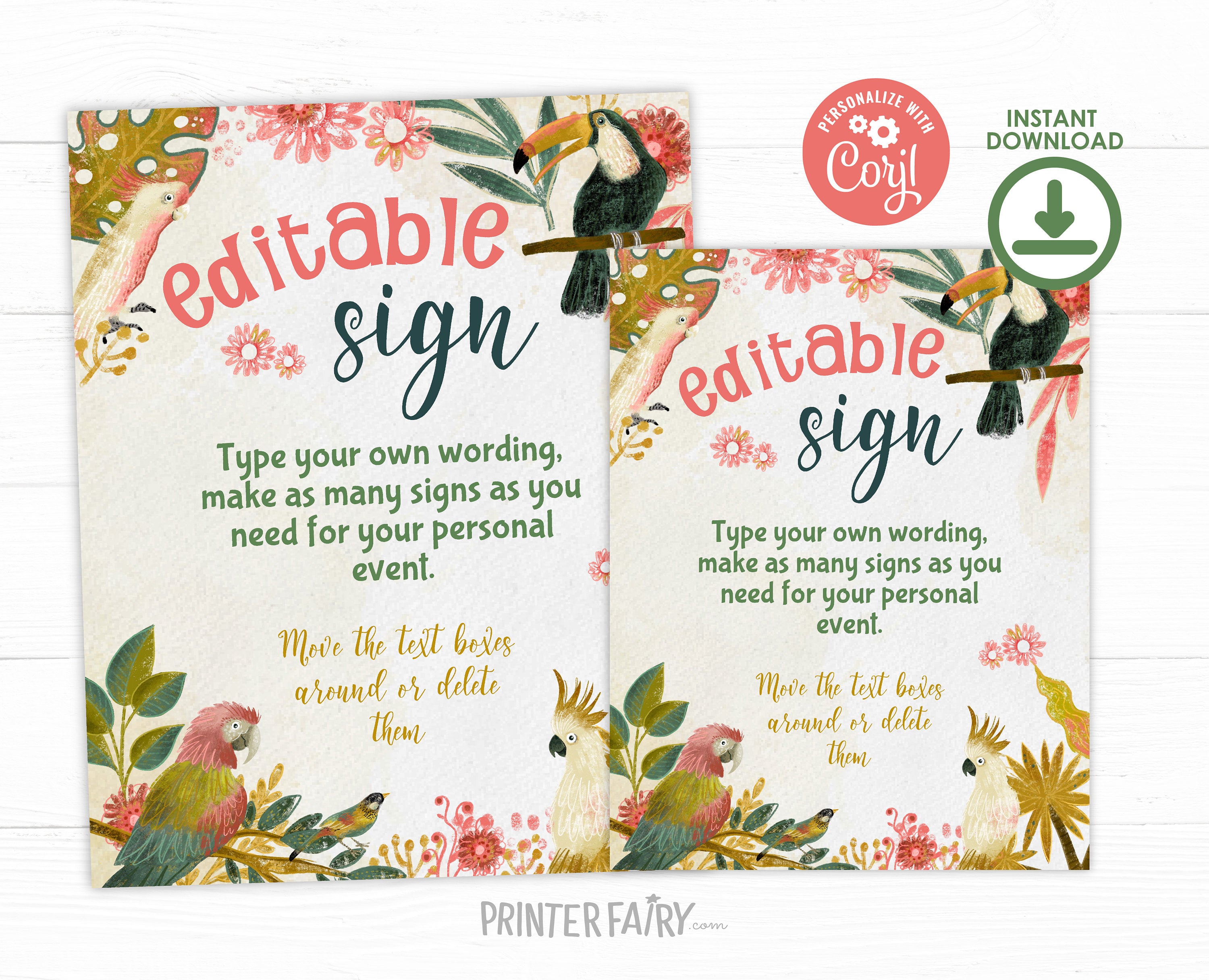 Tropical Birds Birthday Party Sign, Luau Decoration (INSTANT DOWNLOAD)
