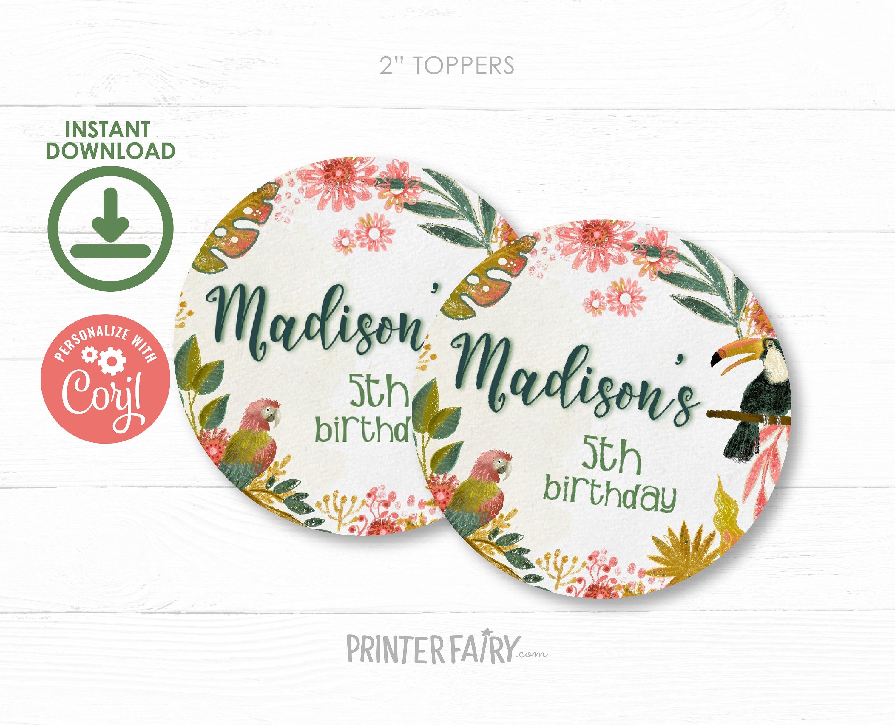 Tropical Birds Birthday Toppers, Luau Party Labels (EDITABLE, INSTANT DOWNLOAD)