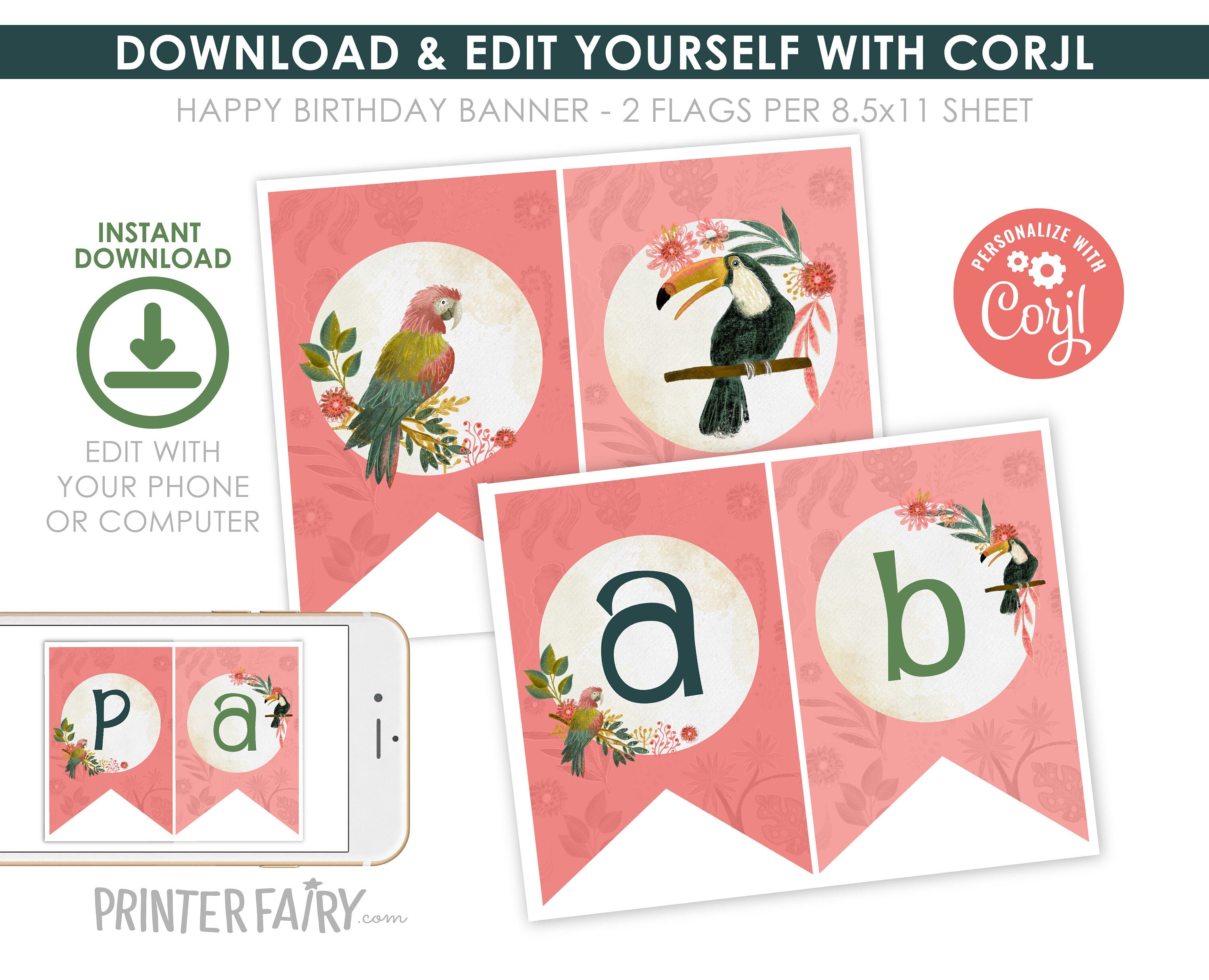 Tropical Birds Birthday Banner, Luau Party Decor (INSTANT DOWNLOAD)