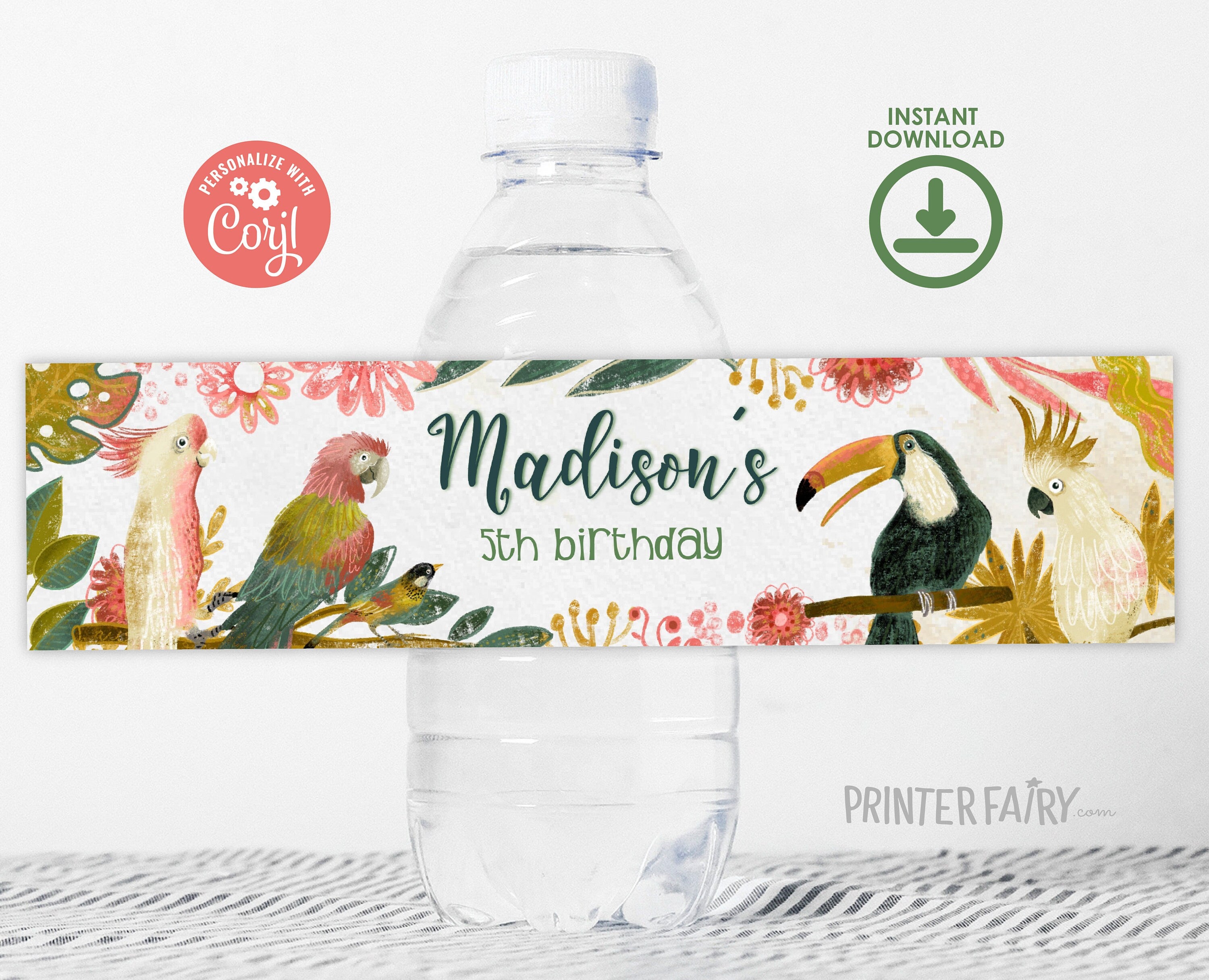 Tropical Birds Birthday Water Bottle Label, Editable (Instant Download)