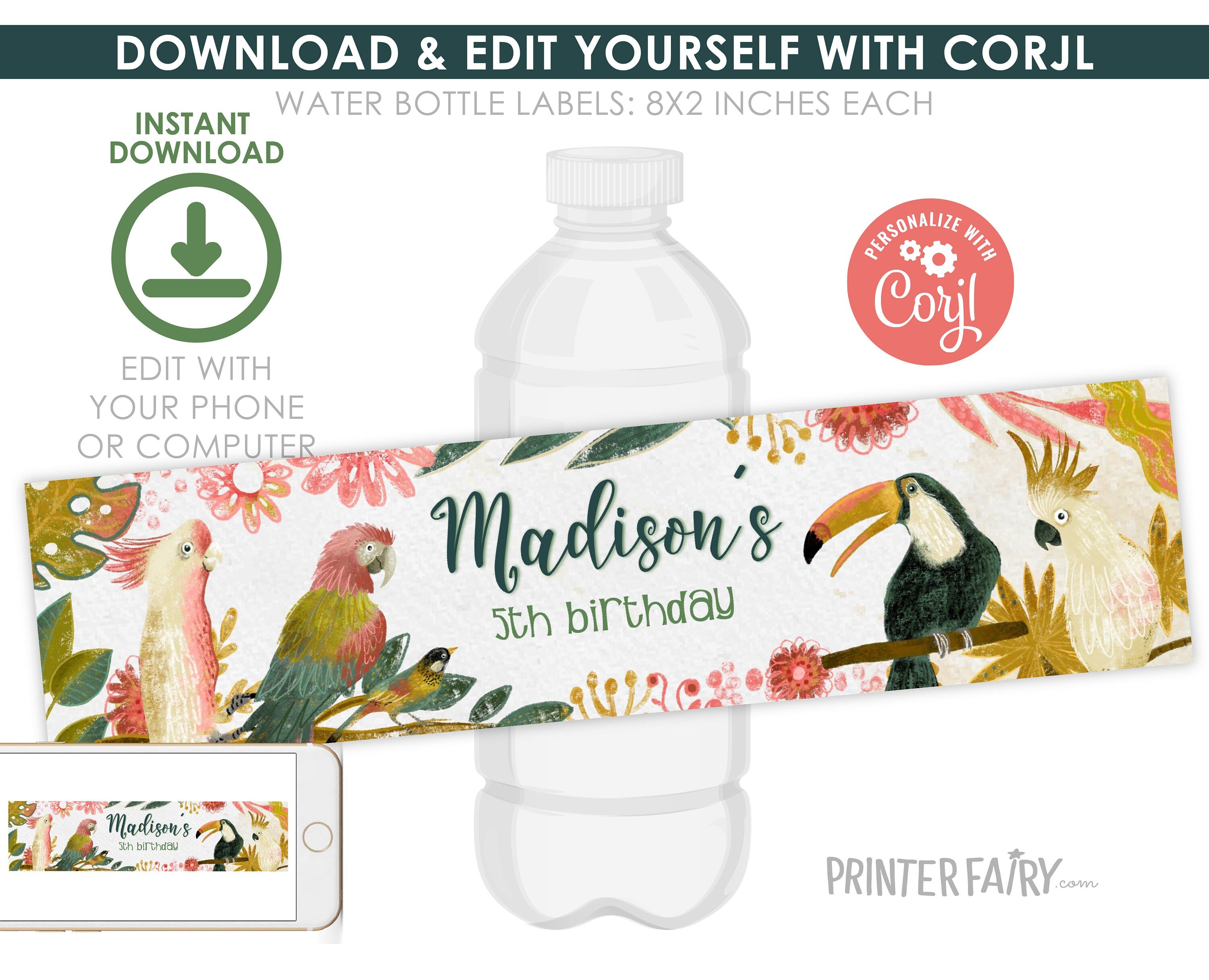 Tropical Birds Birthday Water Bottle Label, Editable (Instant Download)