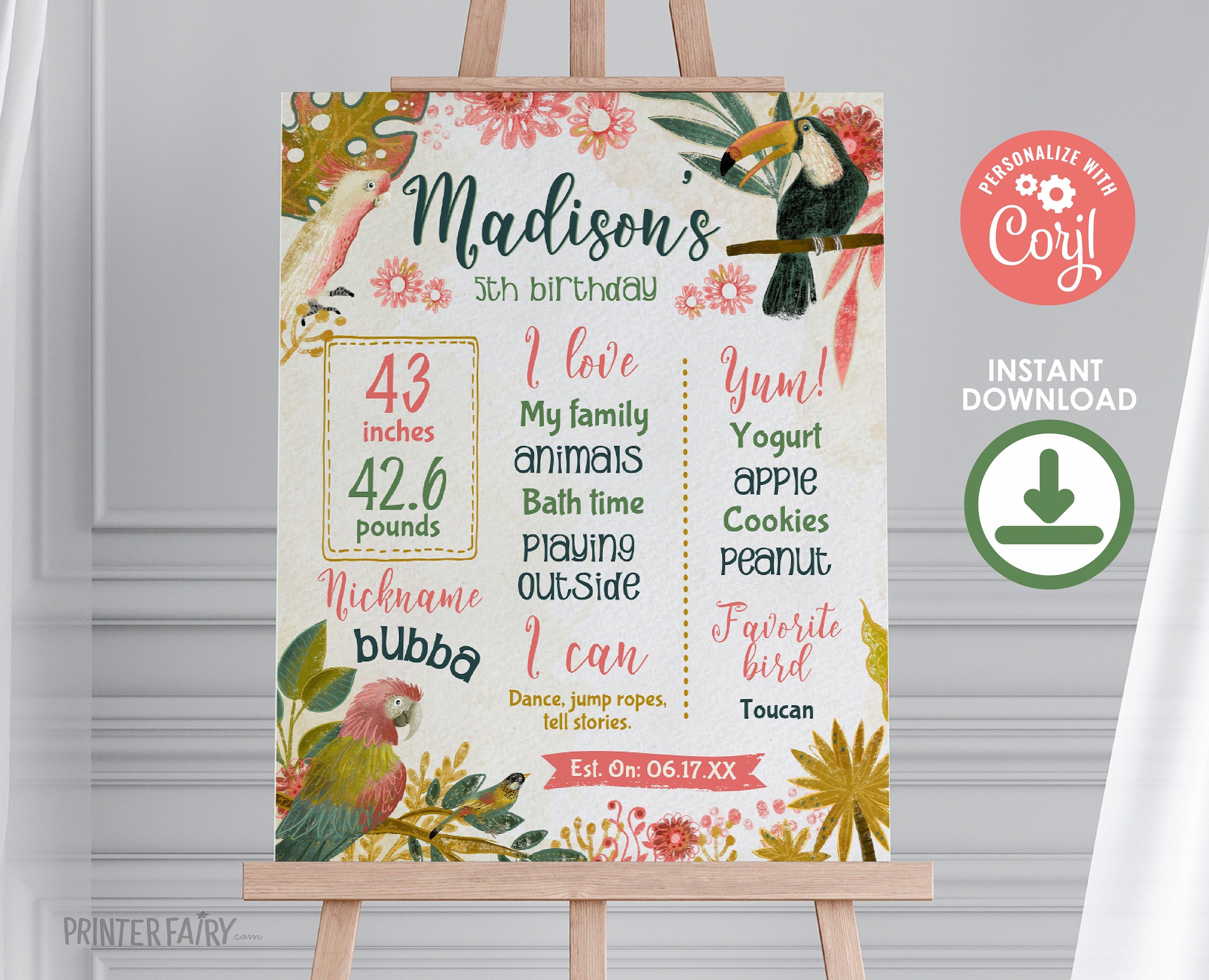 Tropical Birds First Birthday Milestones Board, Luau Sign (Digital Download)