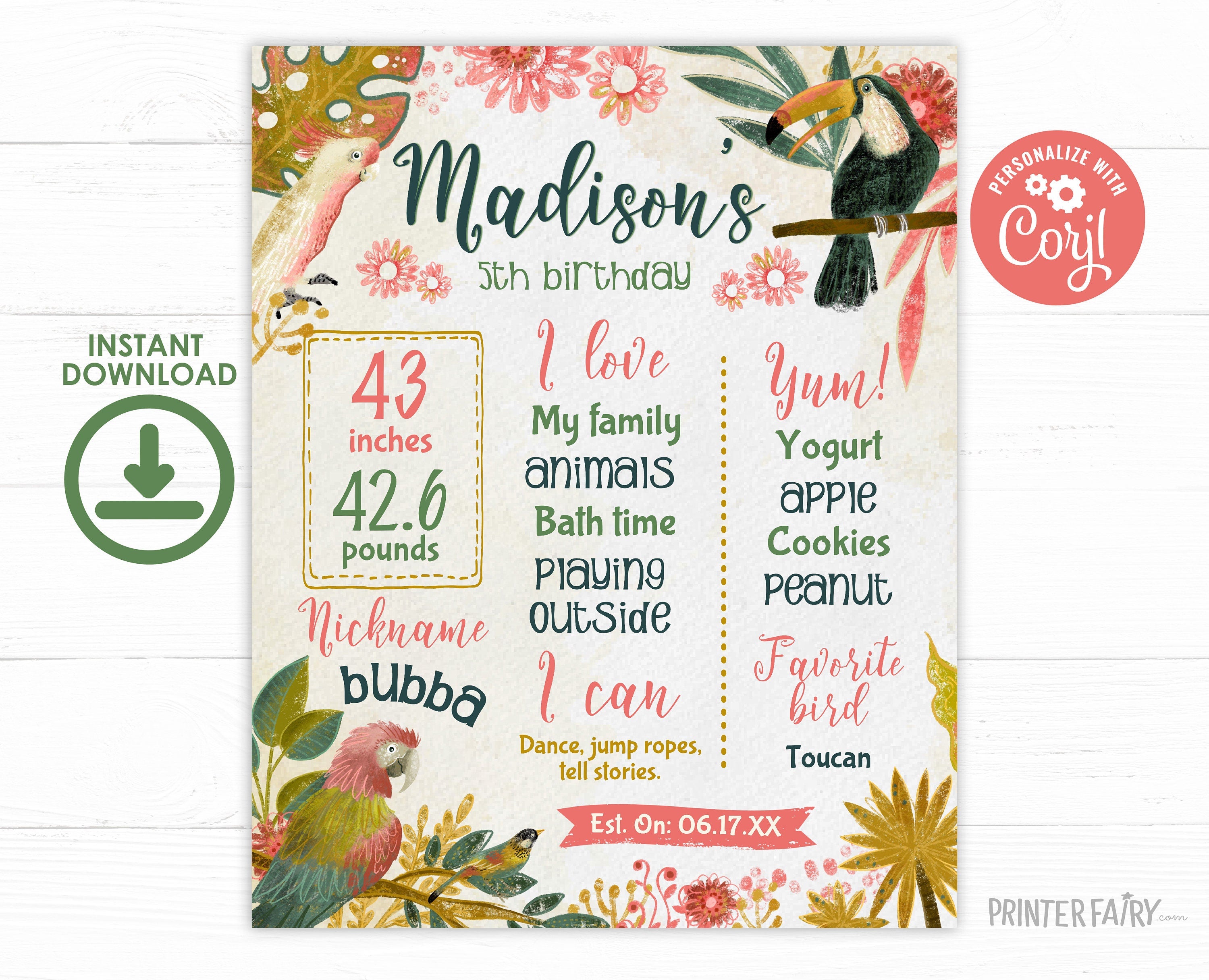 Tropical Birds First Birthday Milestones Board, Luau Sign (Digital Download)