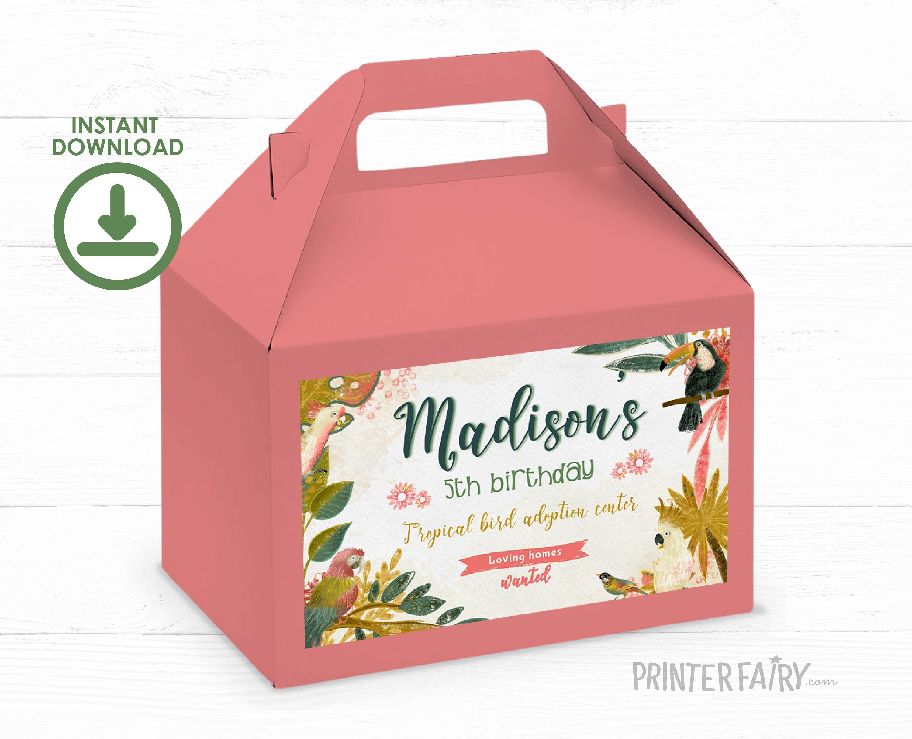 Tropical Bird Birthday Favor Box Label, Editable (Instant Download)